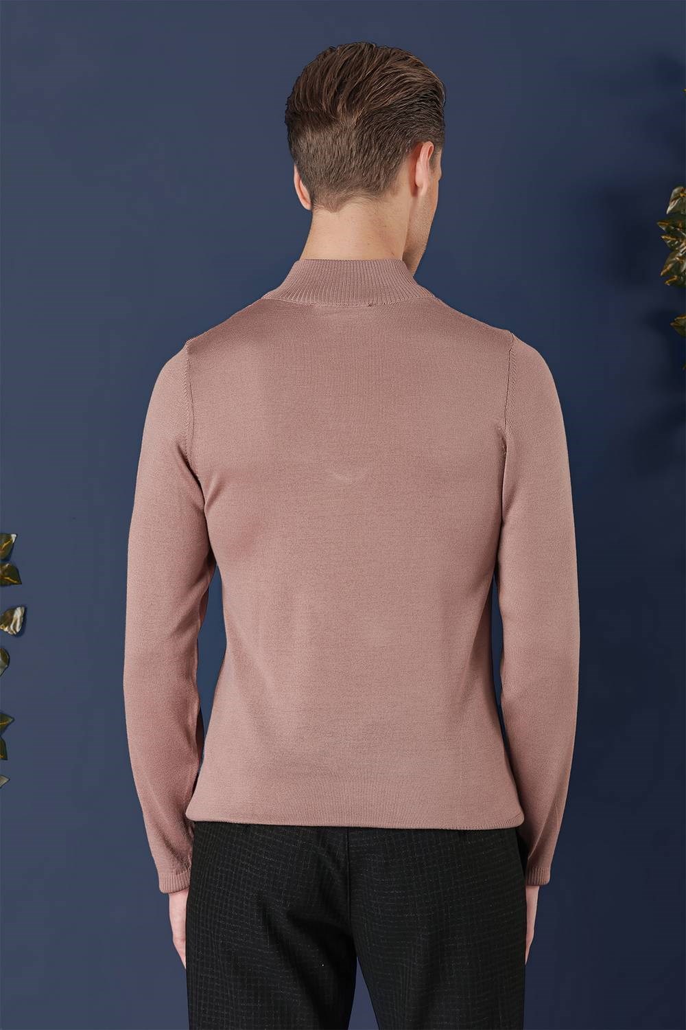 Slim Fit Ribanalı Fermuarlı Yarım Balıkçı Yünlü Gül Kurusu Triko Kazak TR 861