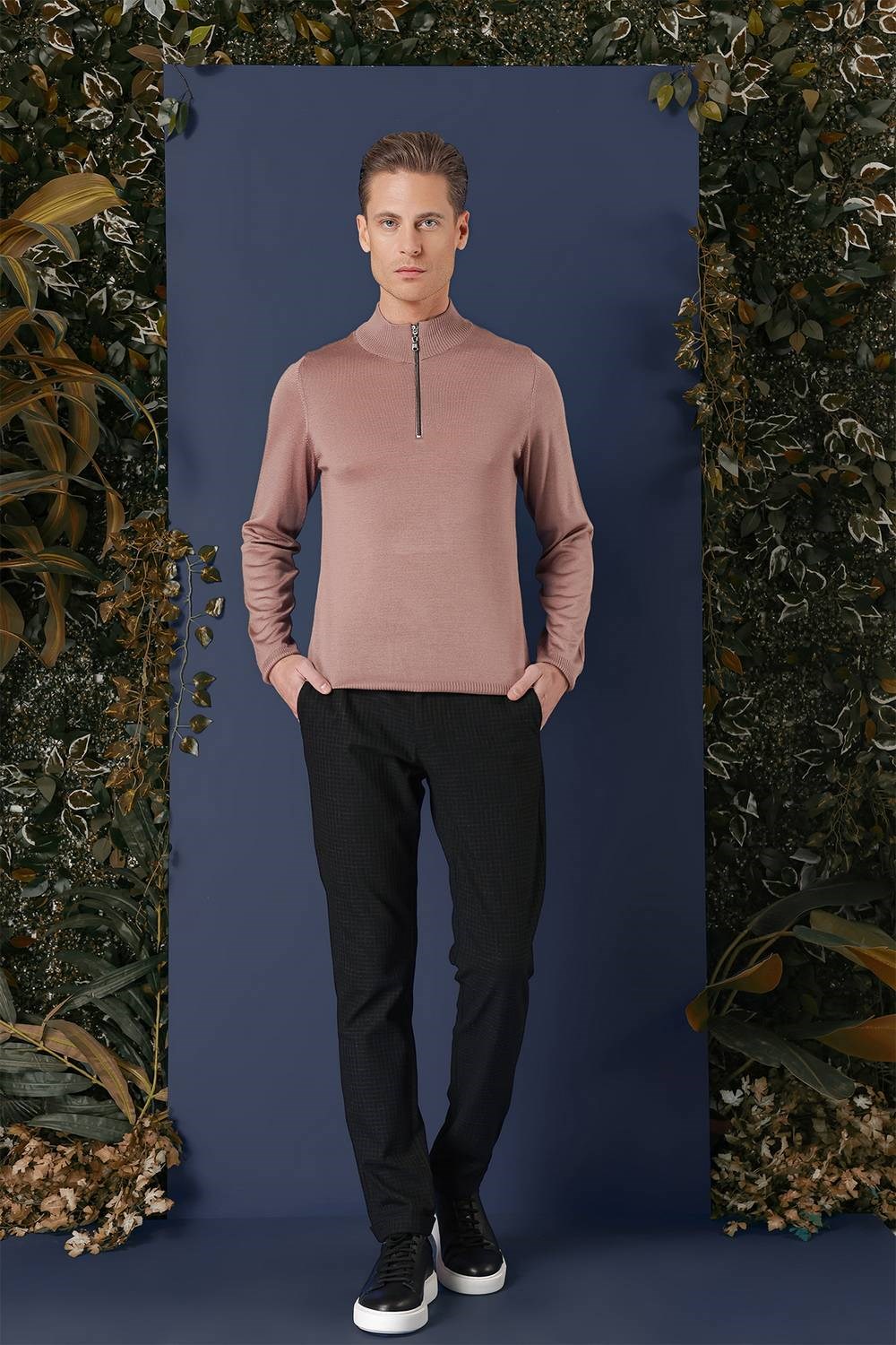 Slim Fit Ribanalı Fermuarlı Yarım Balıkçı Yünlü Gül Kurusu Triko Kazak TR 861