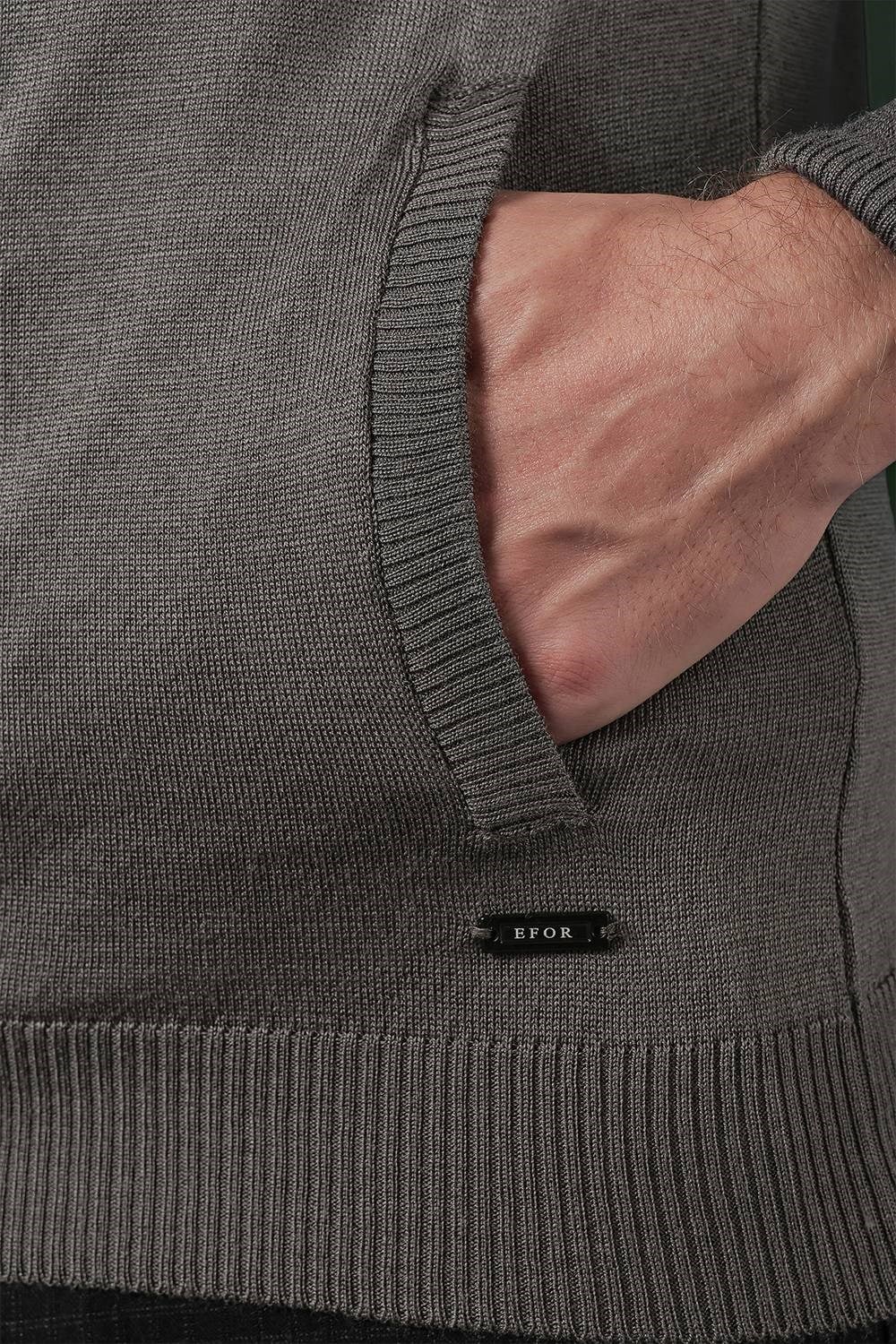 Slim Fit Ribanalı Füme Yünlü Fermuarlı Hırka Triko Kazak TR 860