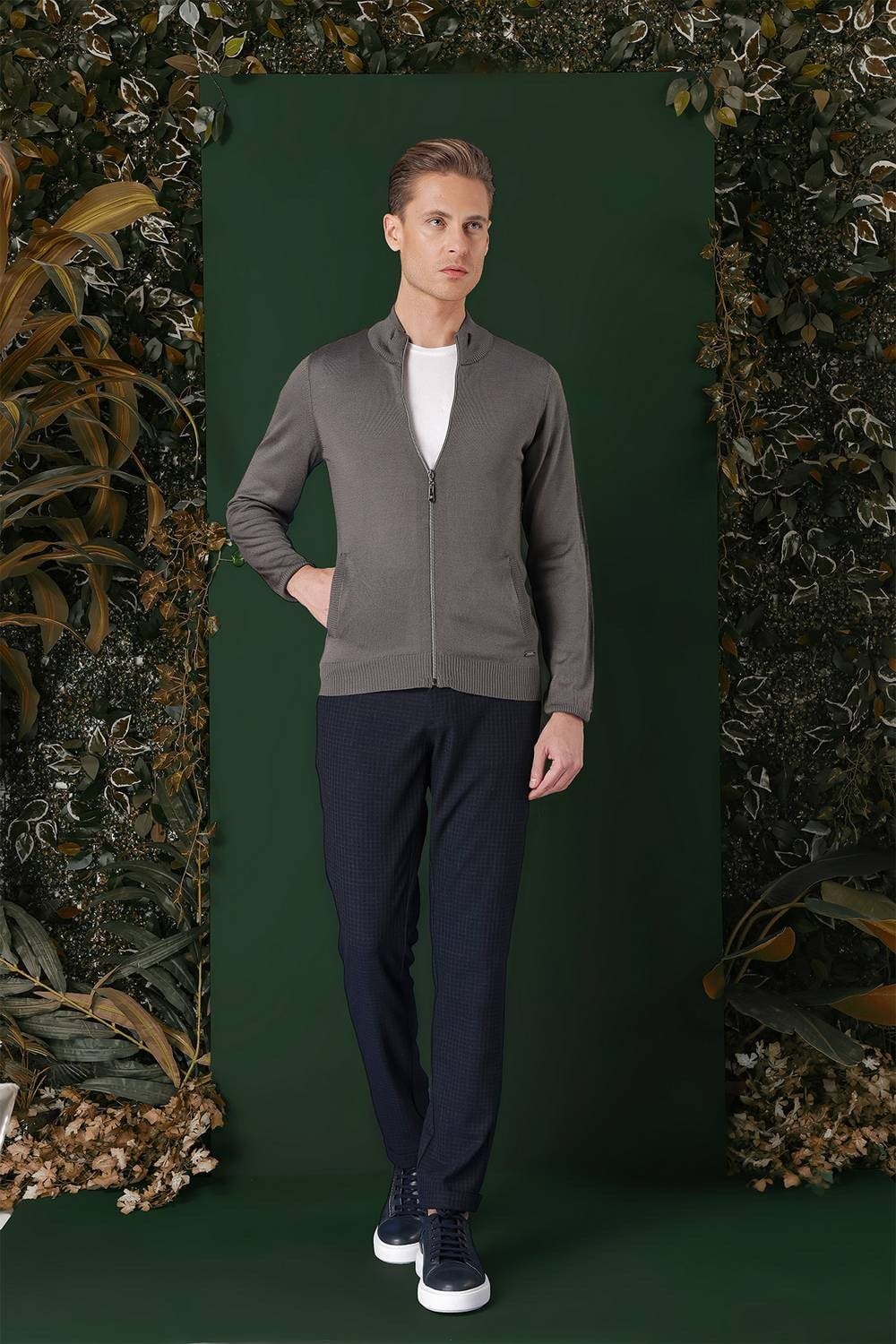 Slim Fit Ribanalı Füme Yünlü Fermuarlı Hırka Triko Kazak TR 860
