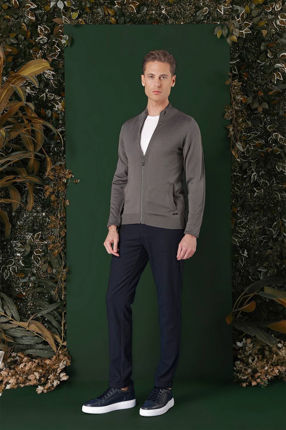 Slim Fit Ribanalı Füme Yünlü Fermuarlı Hırka Triko Kazak TR 860