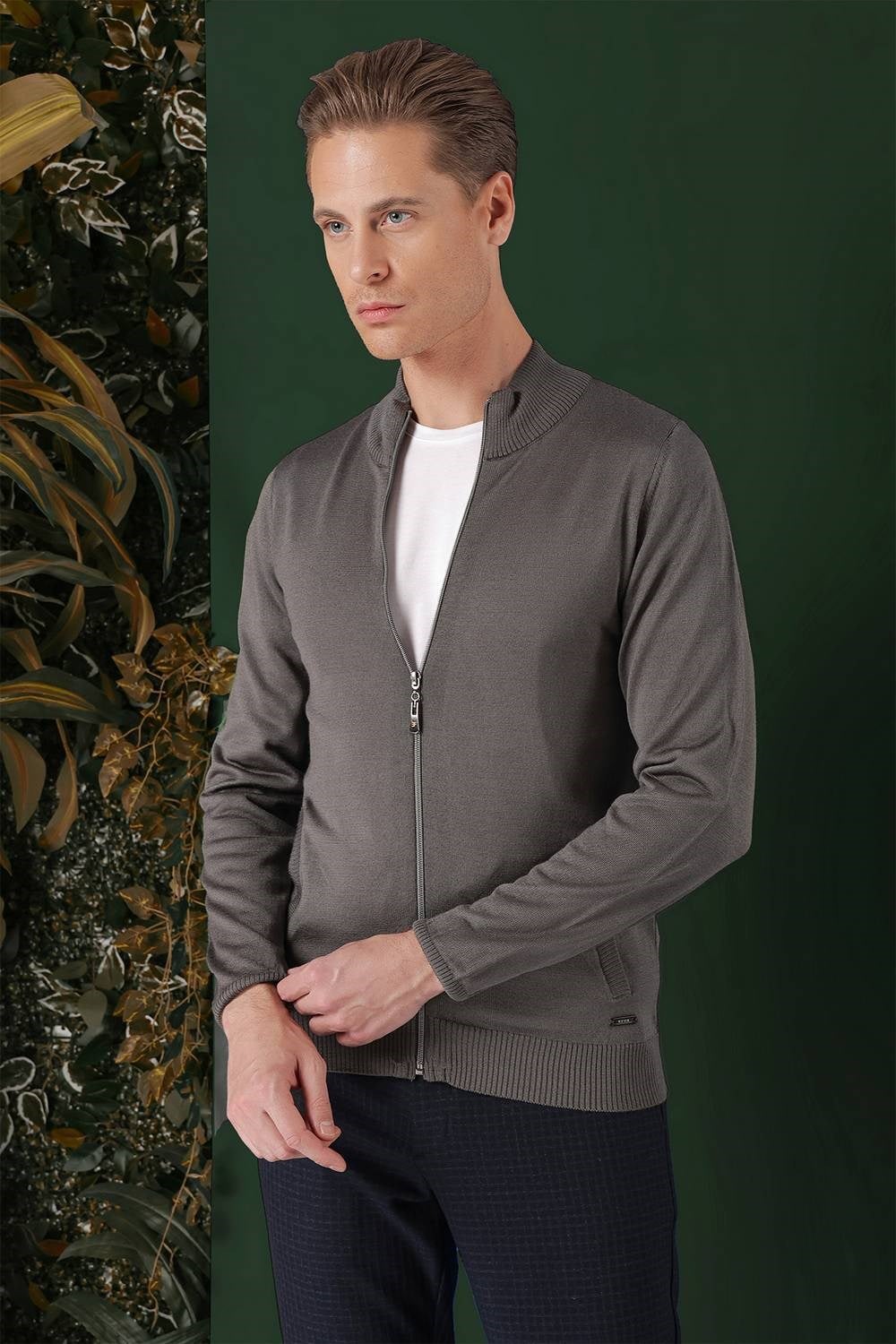 Slim Fit Ribanalı Füme Yünlü Fermuarlı Hırka Triko Kazak TR 860