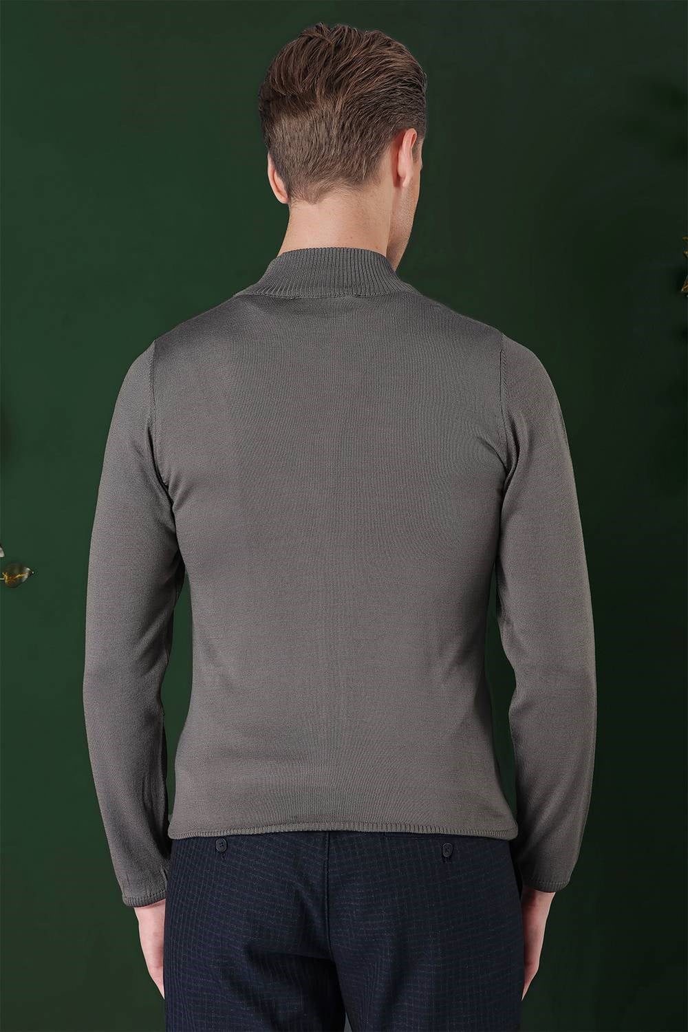 Slim Fit Ribanalı Füme Yünlü Fermuarlı Hırka Triko Kazak TR 860