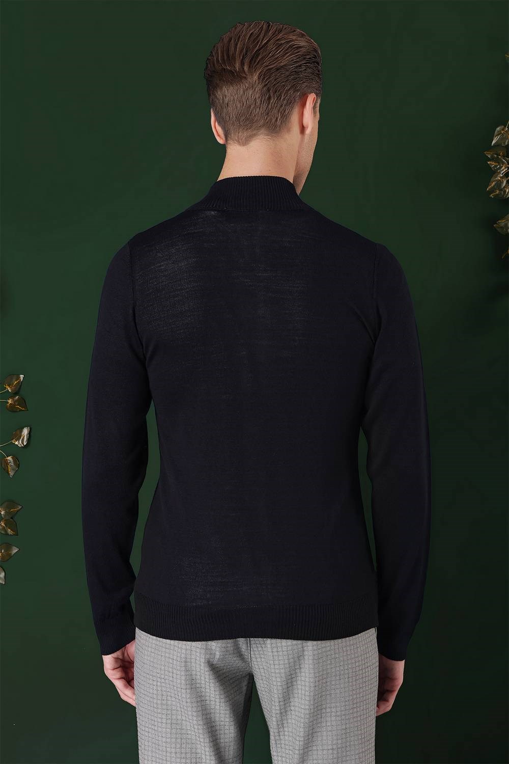 Slim Fit Ribanalı Lacivert Yünlü Fermuarlı Hırka Triko Kazak TR 860