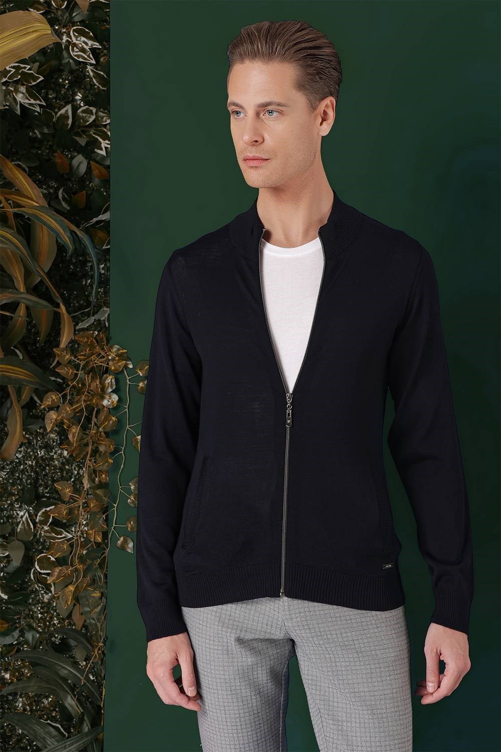 Slim Fit Ribanalı Lacivert Yünlü Fermuarlı Hırka Triko Kazak TR 860