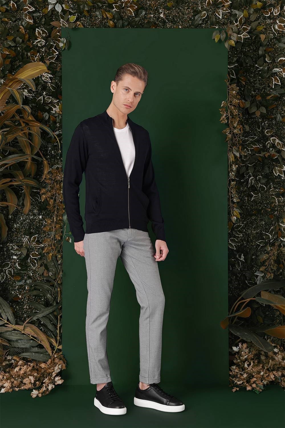 Slim Fit Ribanalı Lacivert Yünlü Fermuarlı Hırka Triko Kazak TR 860