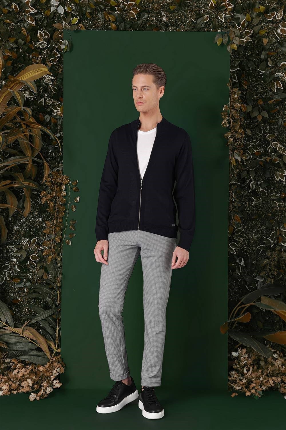 Slim Fit Ribanalı Lacivert Yünlü Fermuarlı Hırka Triko Kazak TR 860