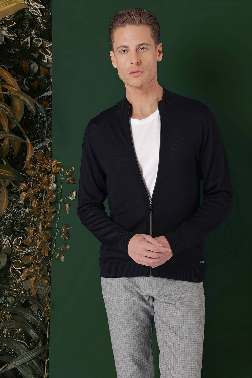 Slim Fit Ribanalı Lacivert Yünlü Fermuarlı Hırka Triko Kazak TR 860