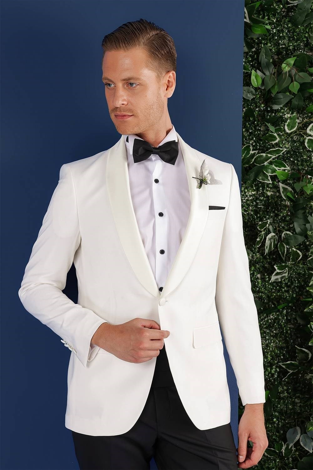 Slim Fit Saten Yaka Çift Yırtmaçlı Damatlık Ekru Smokin Ceket Black 034 