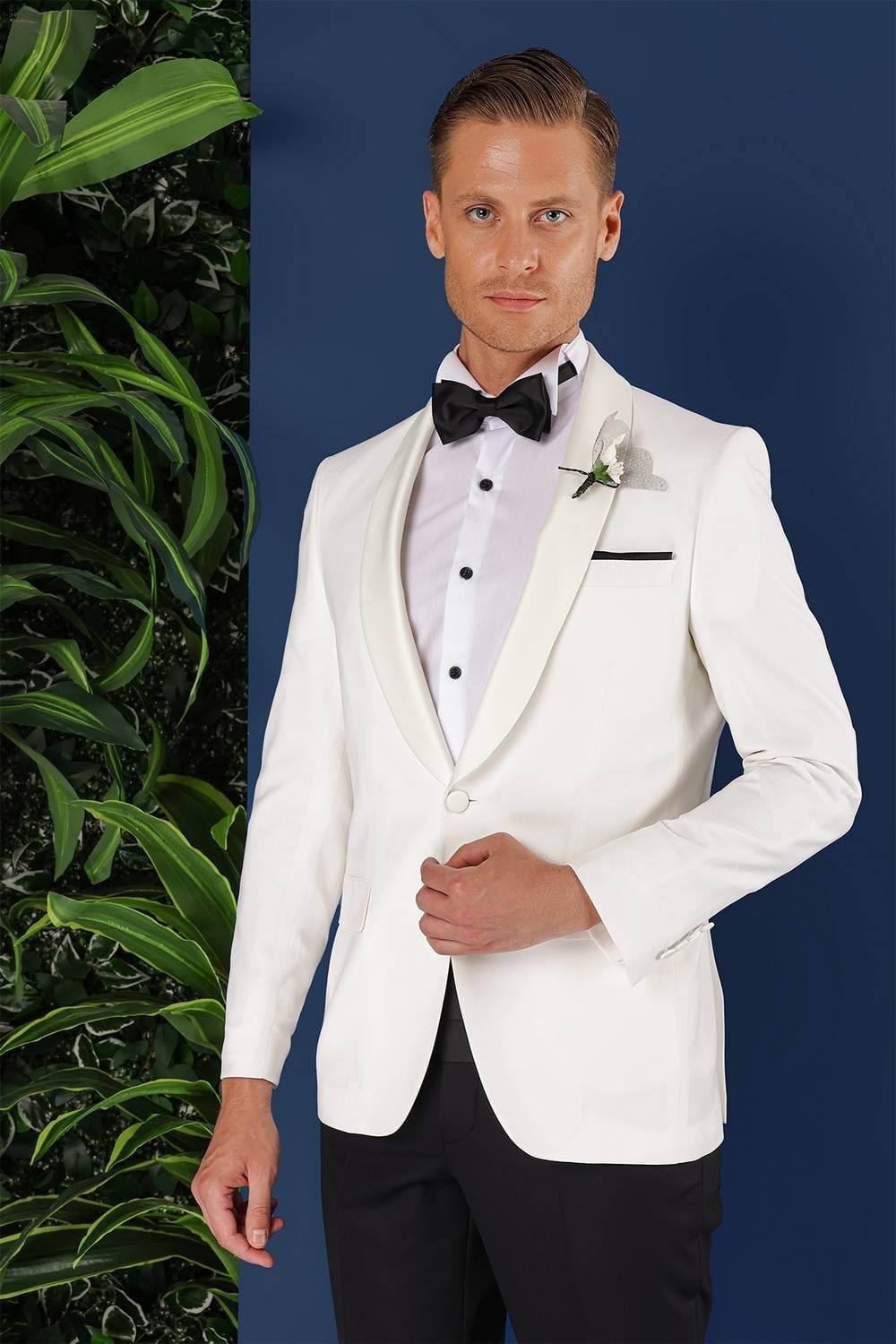 Slim Fit Saten Yaka Çift Yırtmaçlı Damatlık Ekru Smokin Ceket Black 034 