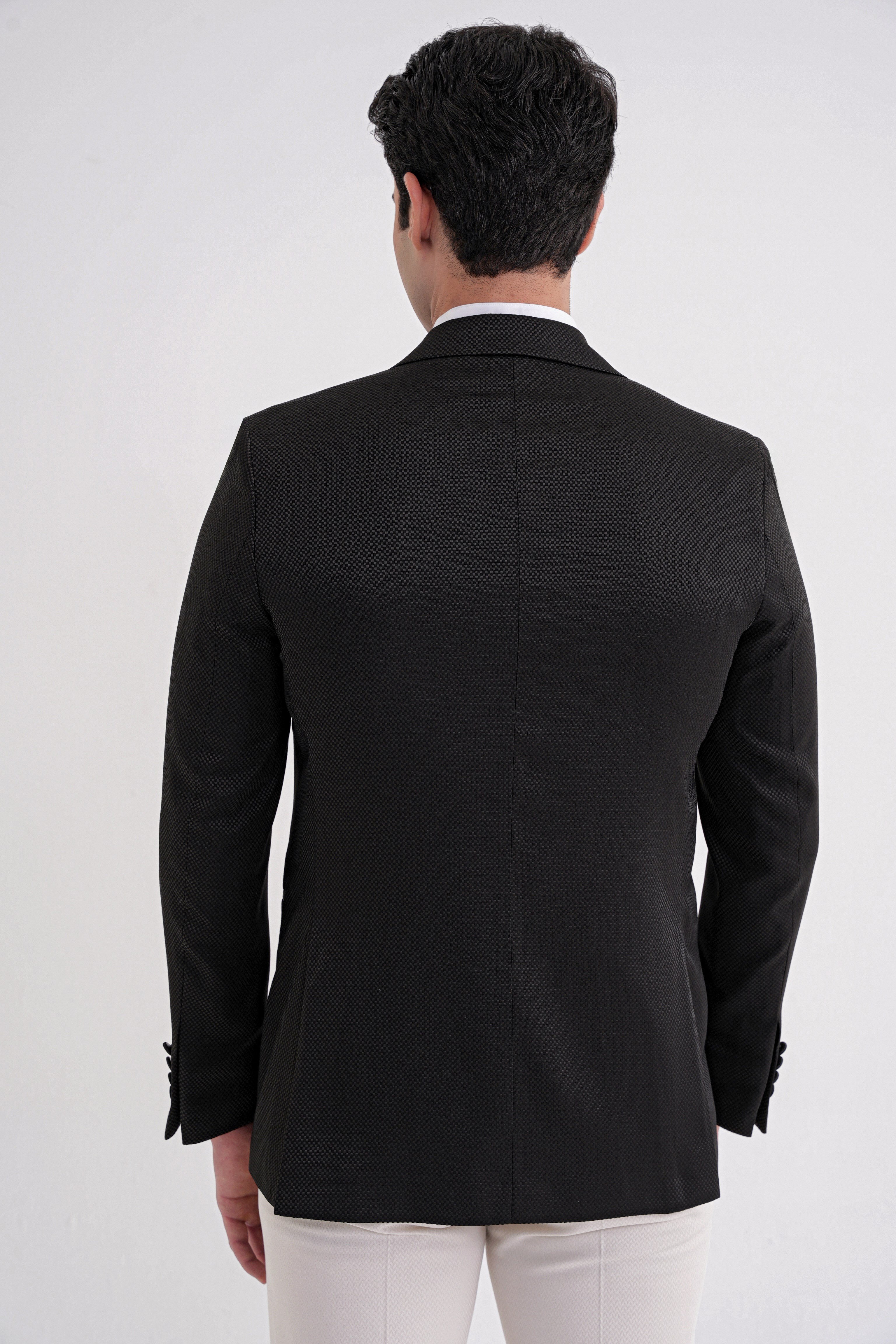 Slim Fit Saten Yaka Çift Yırtmaçlı Tek Düğmeli Siyah Damatlık Smokin Ceket Black 035 