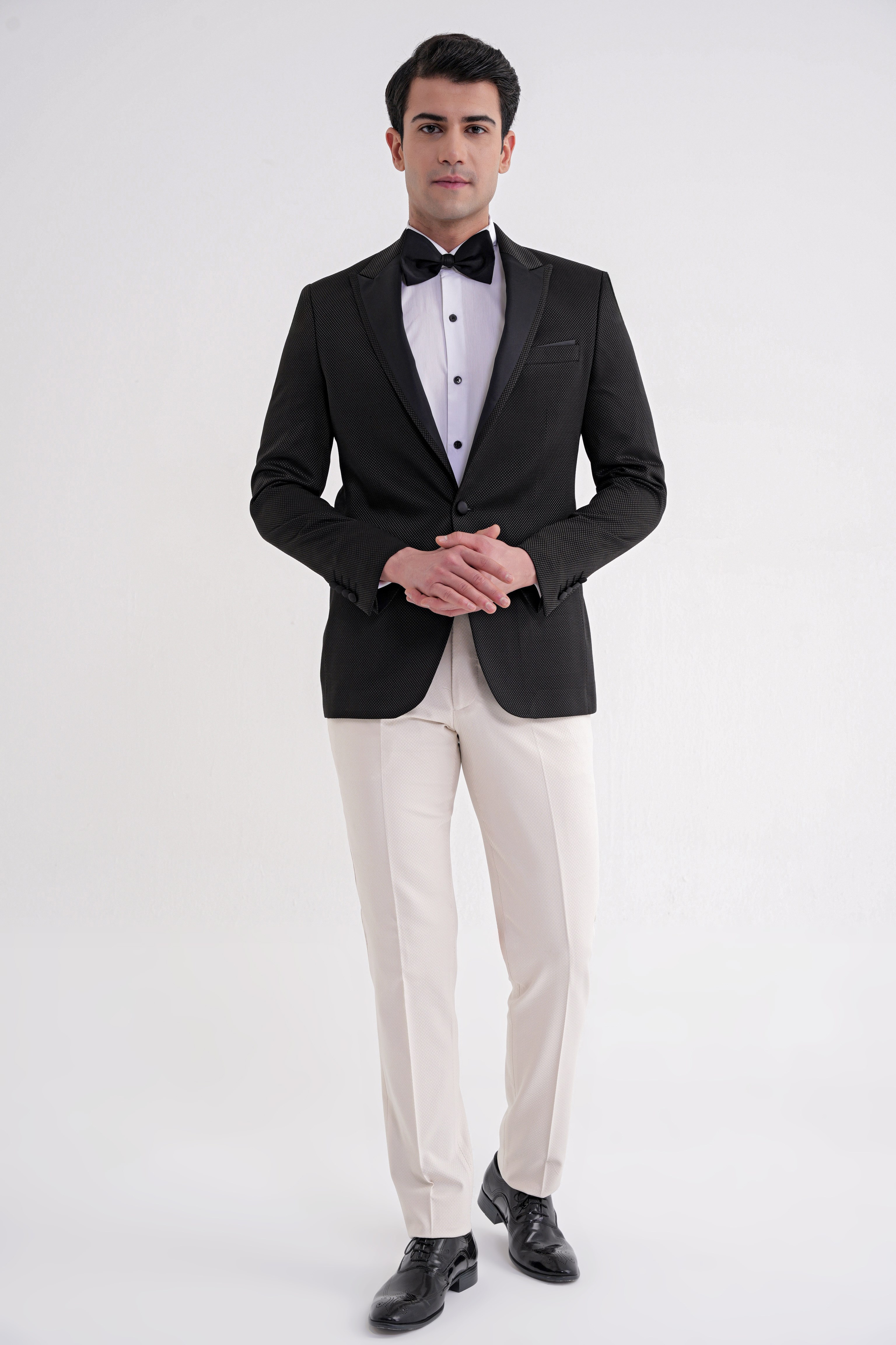 Slim Fit Saten Yaka Çift Yırtmaçlı Tek Düğmeli Siyah Damatlık Smokin Ceket Black 035 