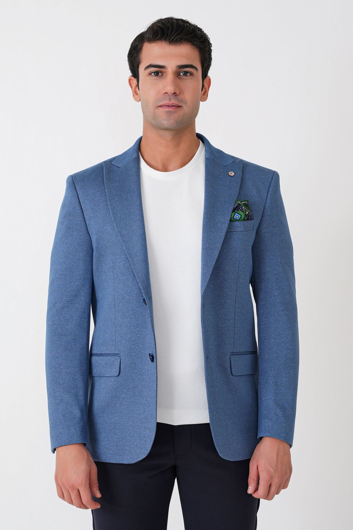 Slim Fit Sivri Yaka Çift Yırtmaçlı Esnek Yünlü İndigo Ceket C 746