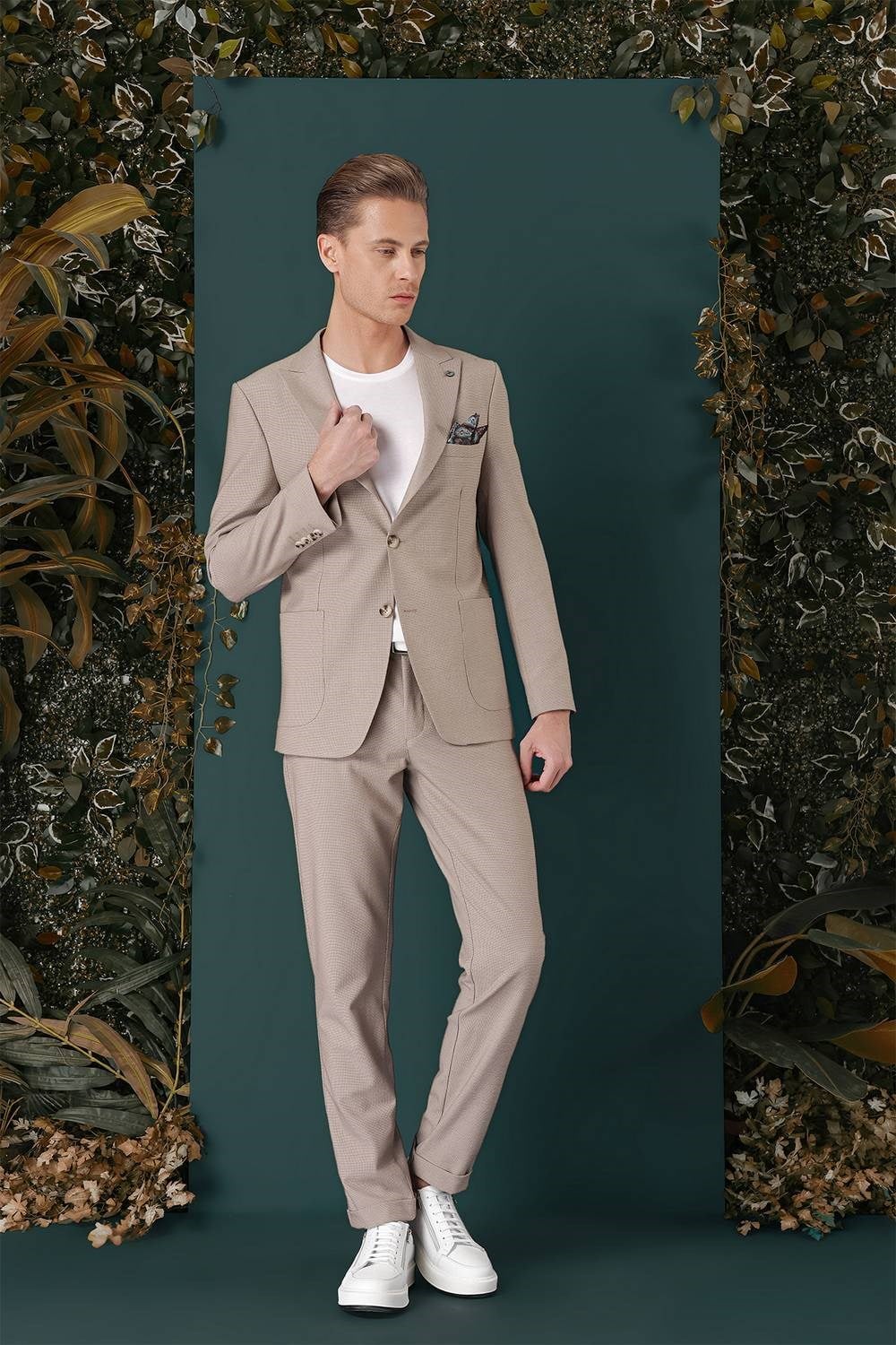 Slim Fit Sivri Yaka Esnek Pamuklu Dokulu Bej Blazer Ceket C 659