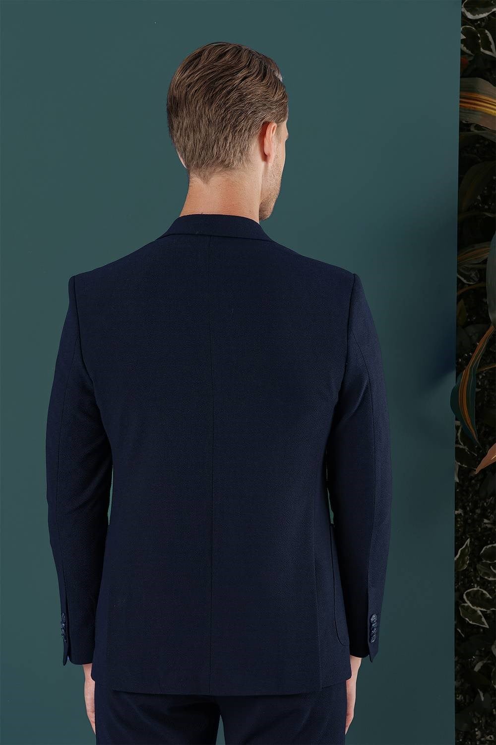 Slim Fit Sivri Yaka Esnek Pamuklu Dokulu Lacivert Blazer Ceket C 659
