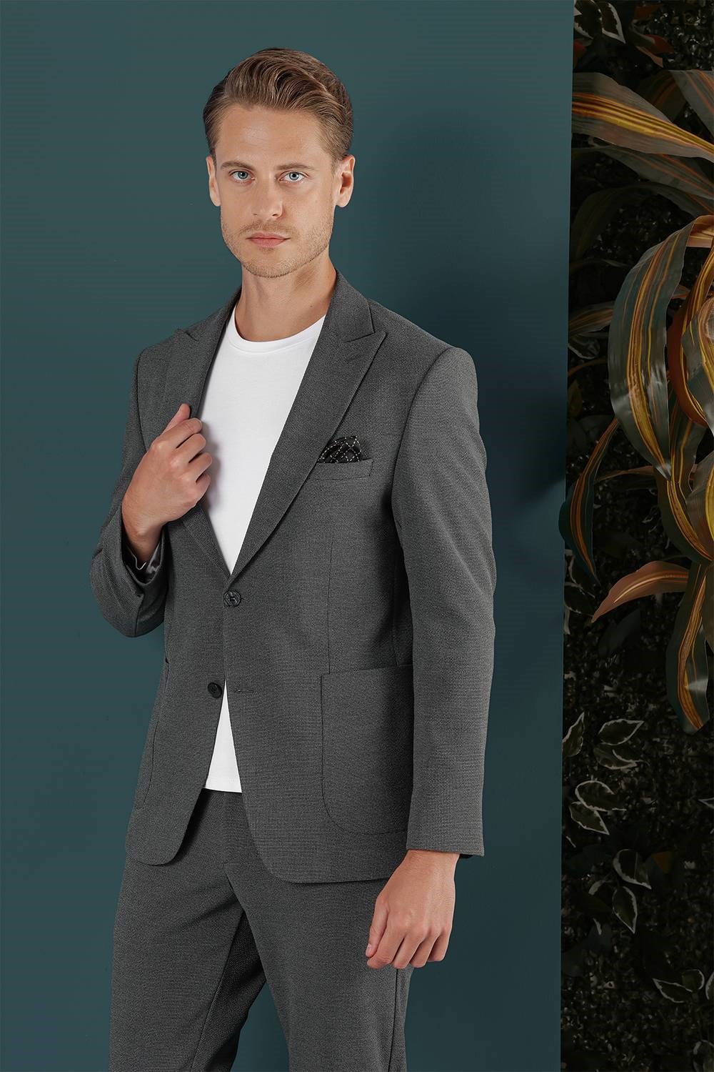 Slim Fit Sivri Yaka Esnek Pamuklu Dokulu Antrasit Blazer Ceket C 659