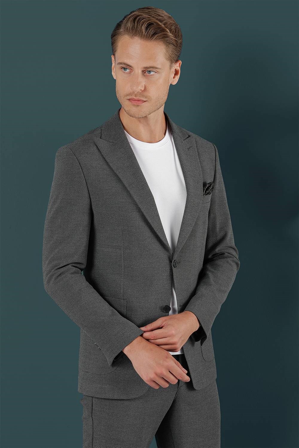 Slim Fit Sivri Yaka Esnek Pamuklu Dokulu Antrasit Blazer Ceket C 659