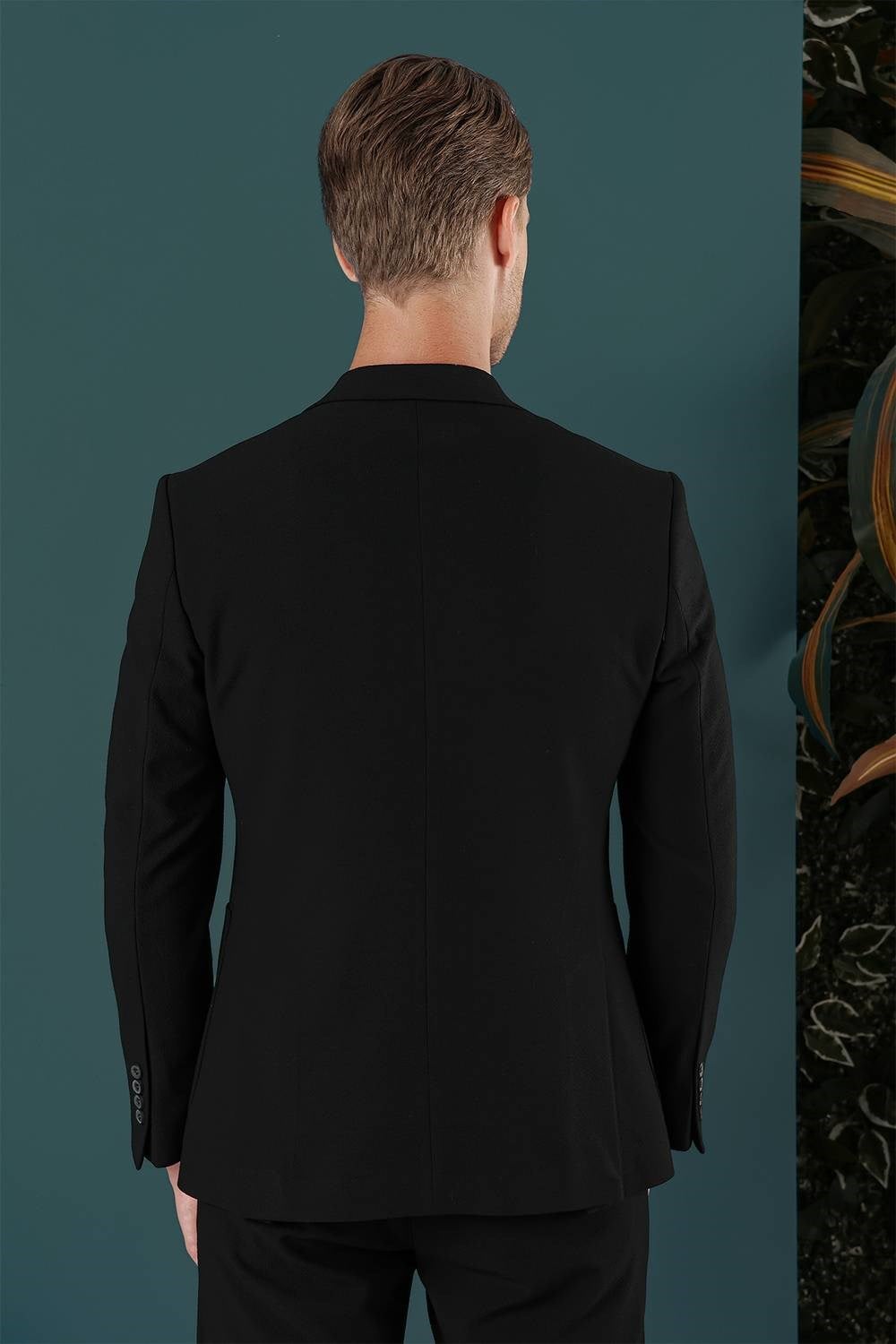 Slim Fit Sivri Yaka Esnek Pamuklu Dokulu Siyah Blazer Ceket C 659