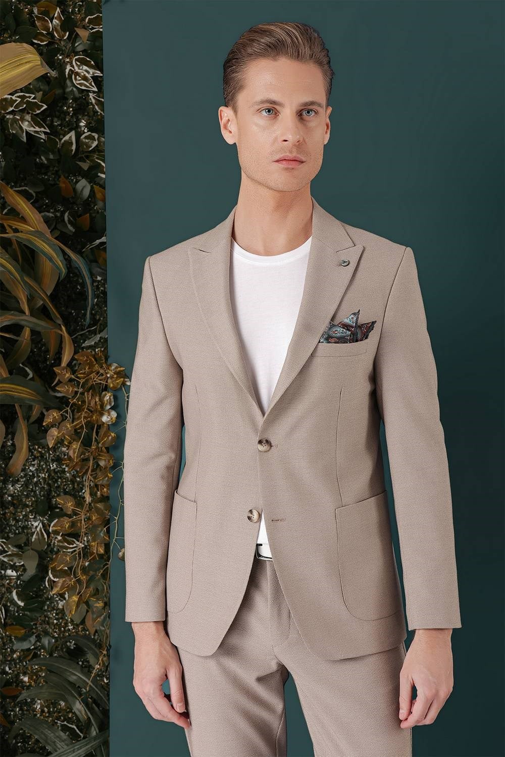 Slim Fit Sivri Yaka Esnek Pamuklu Dokulu Bej Blazer Ceket C 659