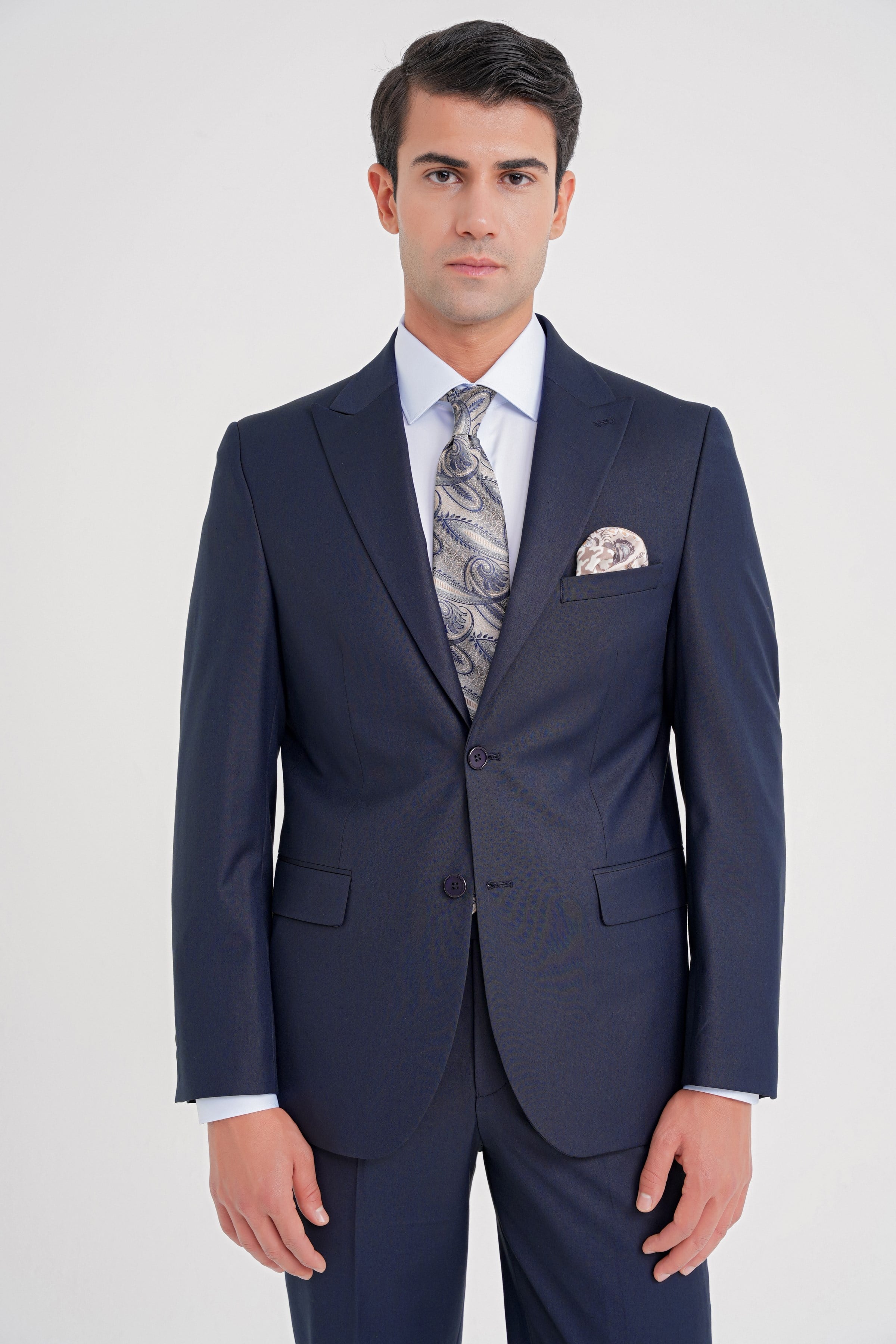 Slim Fit Sivri Yaka Esnek Yünlü Düz Lacivert Klasik Takım Elbise TK 928