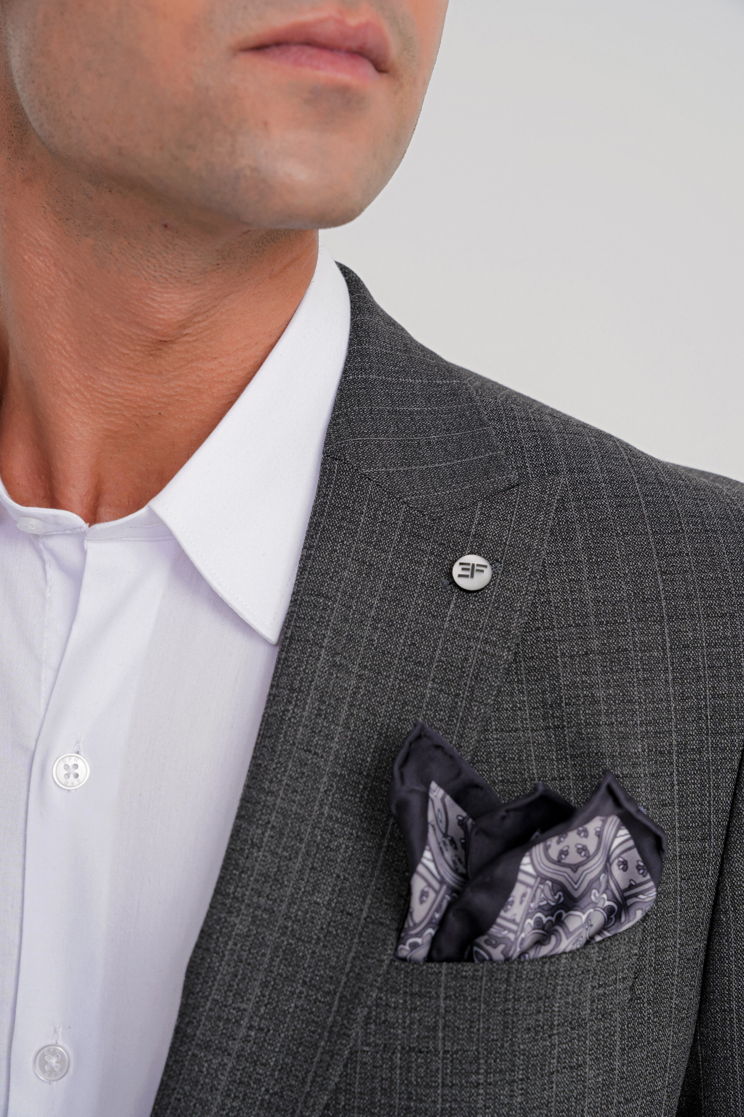 Slim Fit Sivri Yaka Torba Cepli Yünlü Çizgili Füme Ceket C 724