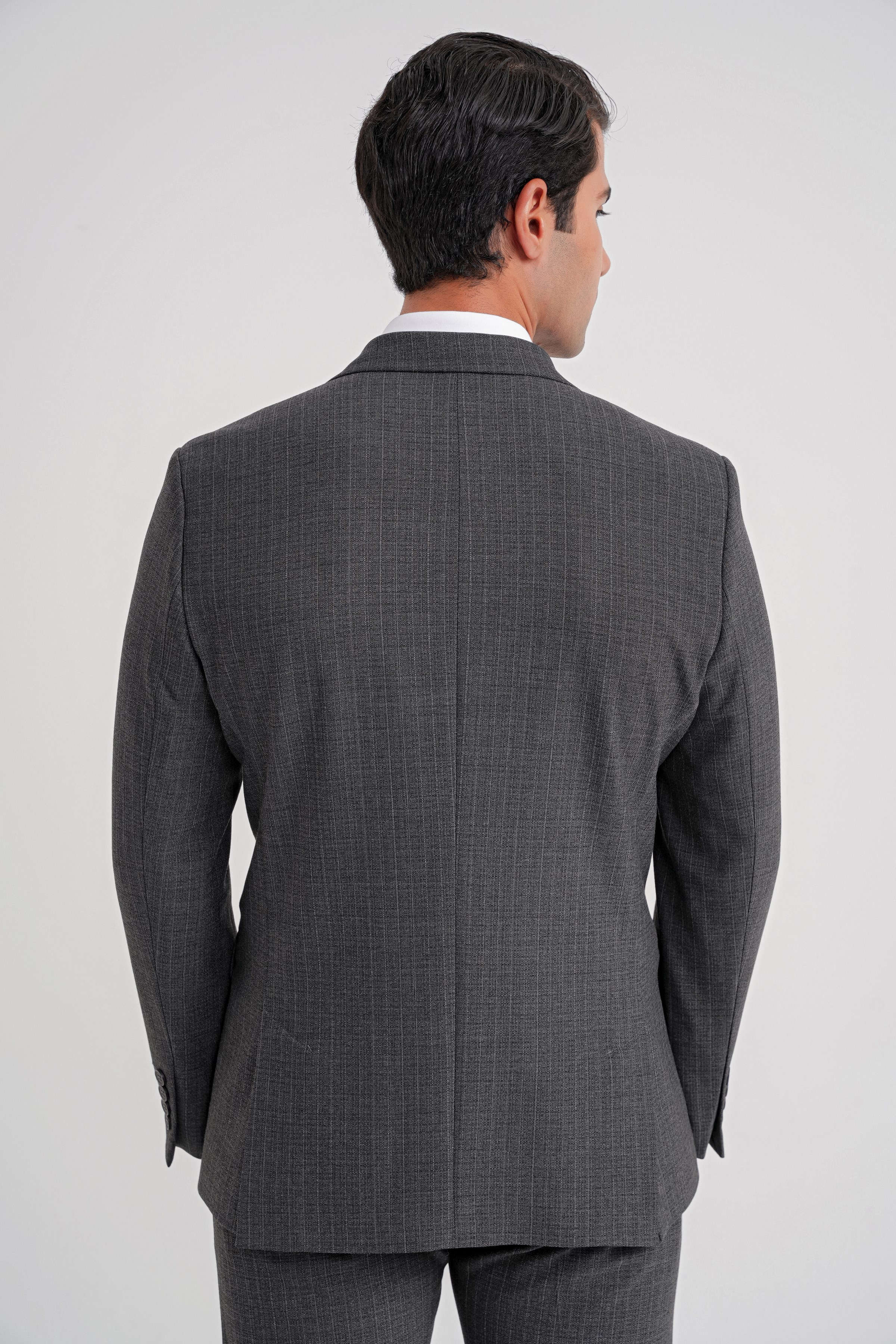 Slim Fit Sivri Yaka Torba Cepli Yünlü Çizgili Füme Ceket C 724