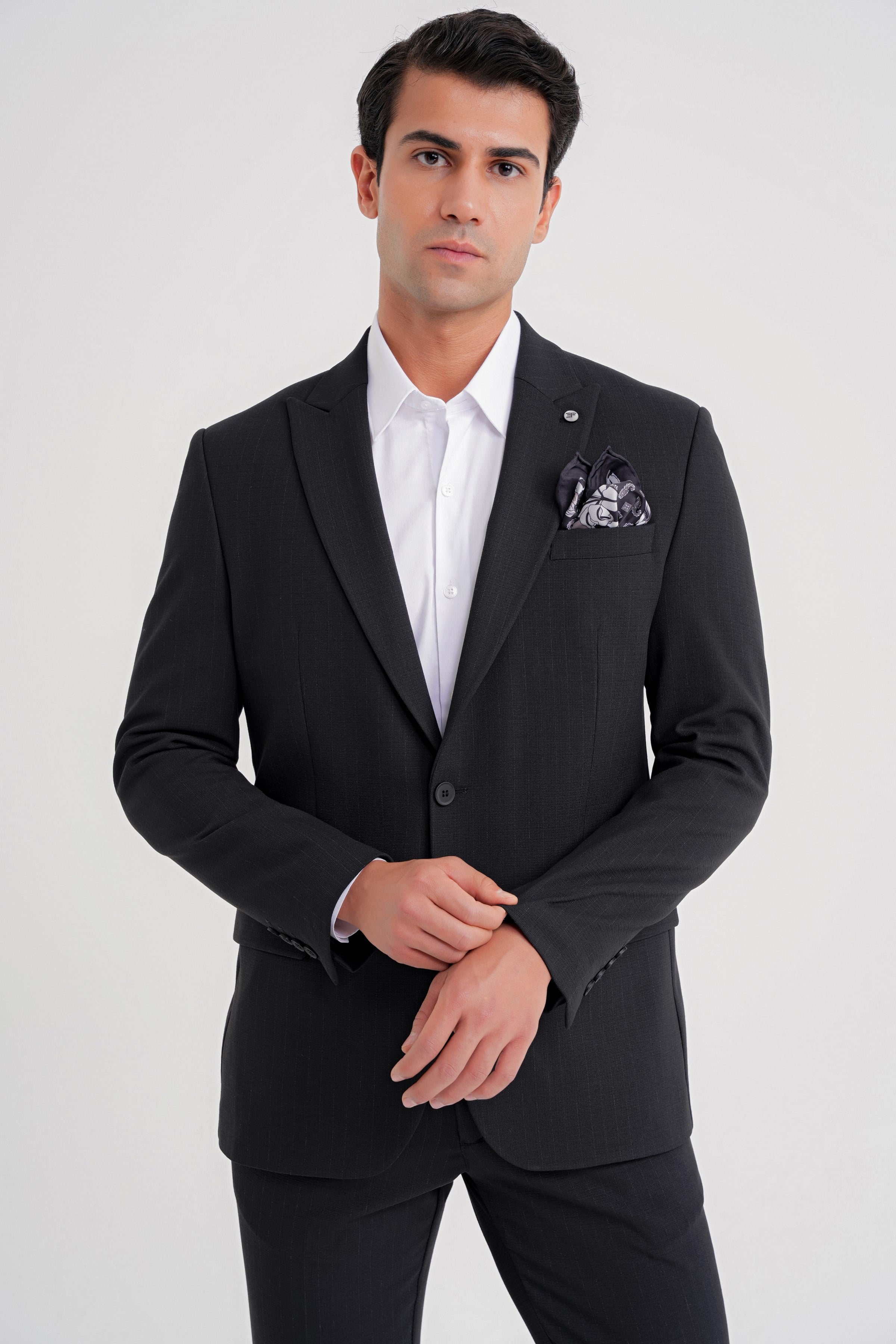 Slim Fit Sivri Yaka Torba Cepli Yünlü Çizgili Siyah Ceket C 724
