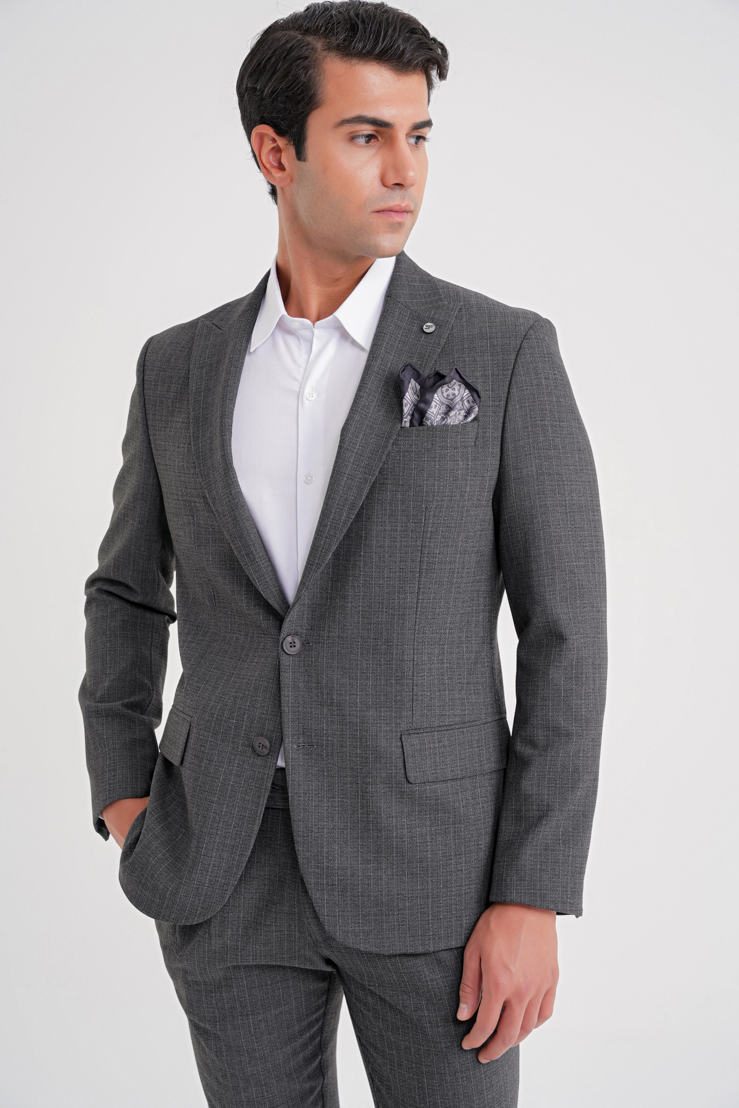 Slim Fit Sivri Yaka Torba Cepli Yünlü Çizgili Füme Ceket C 724