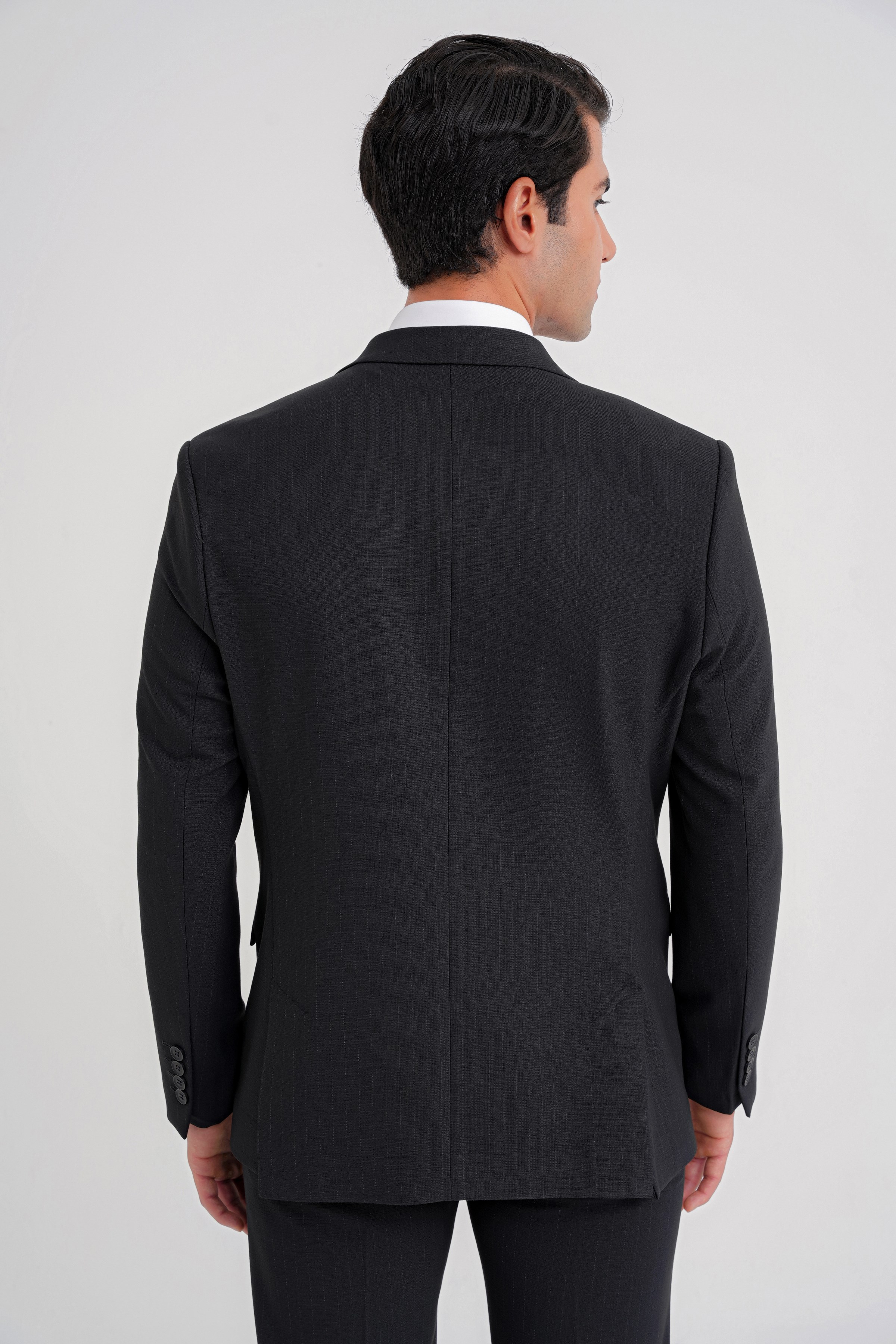 Slim Fit Sivri Yaka Torba Cepli Yünlü Çizgili Siyah Ceket C 724