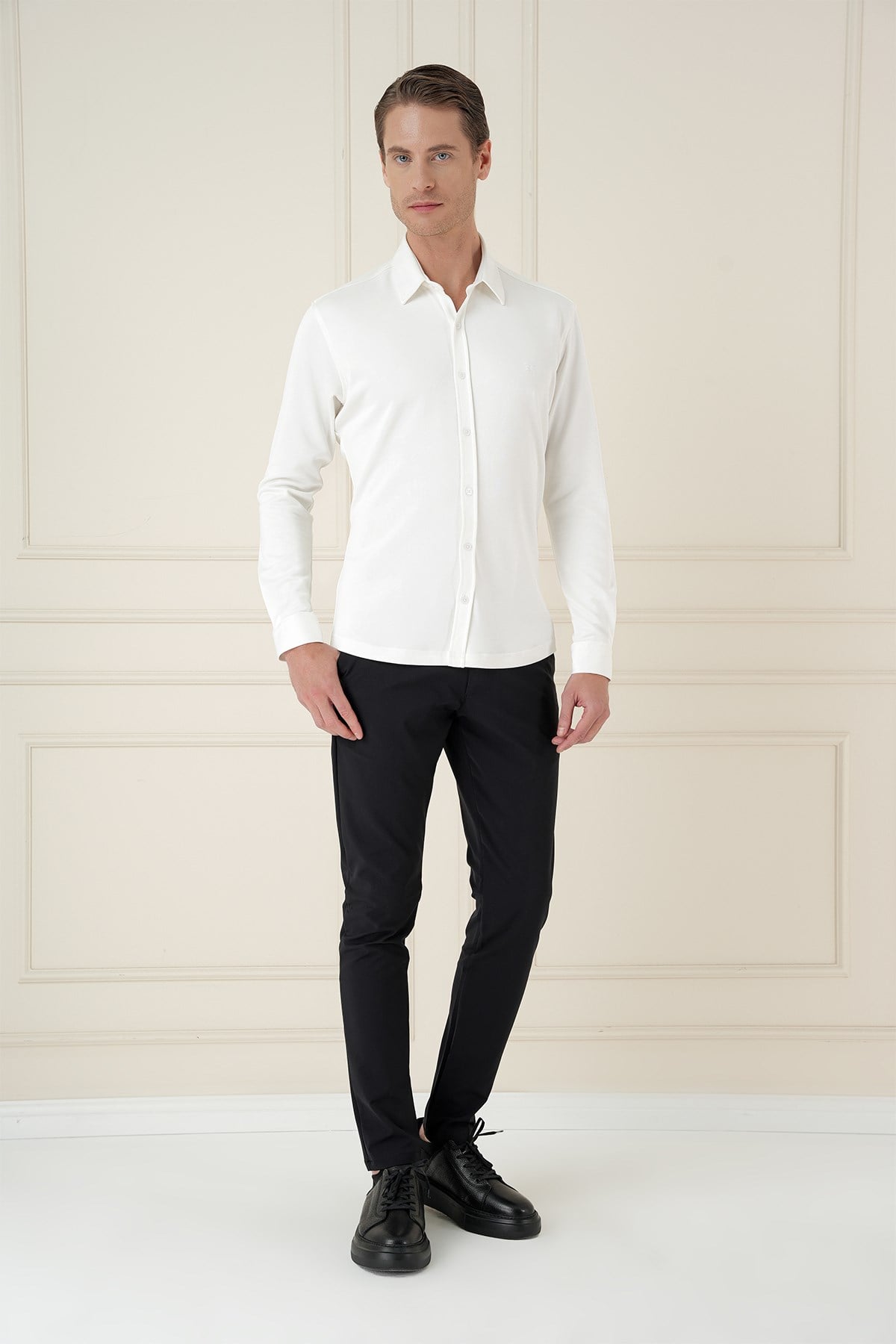 Slim Fit Spor Yaka Cepsiz Pamuklu Ekru Gömlek G 1580