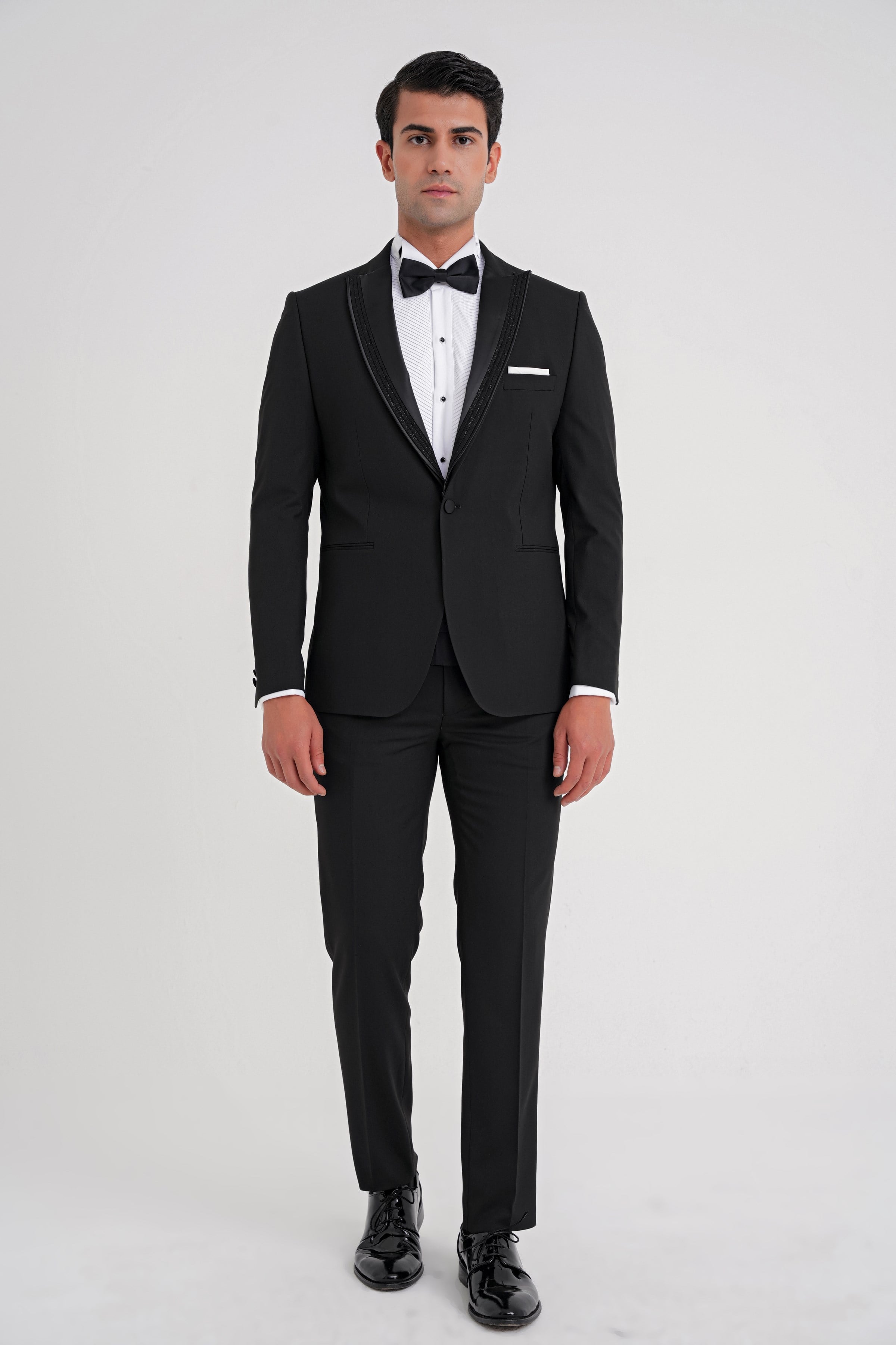 Slim Fit Tek Düğme Fleto Cep Çıkarılabilir Saten Yaka Siyah Damatlık Smokin Takım Black 084