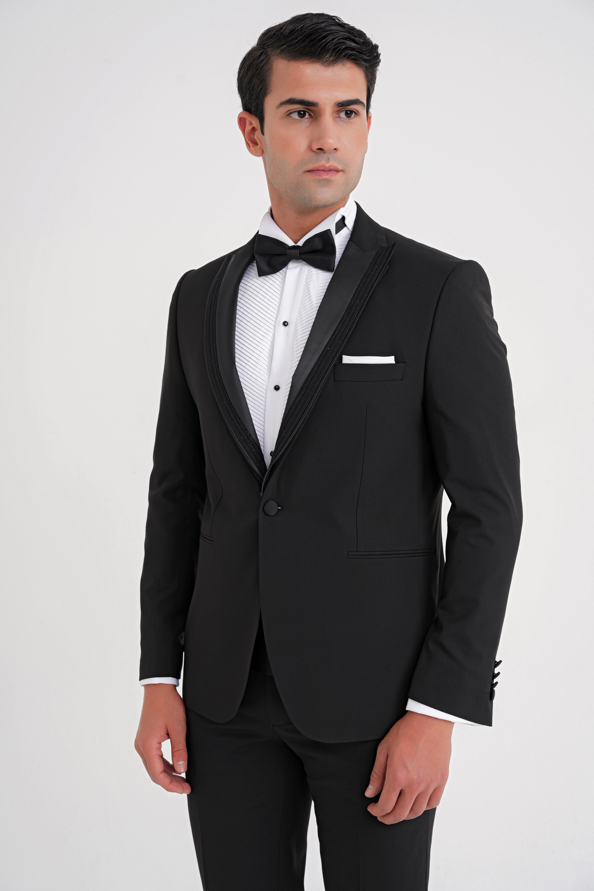 Slim Fit Tek Düğme Fleto Cep Çıkarılabilir Saten Yaka Siyah Damatlık Smokin Takım Black 084