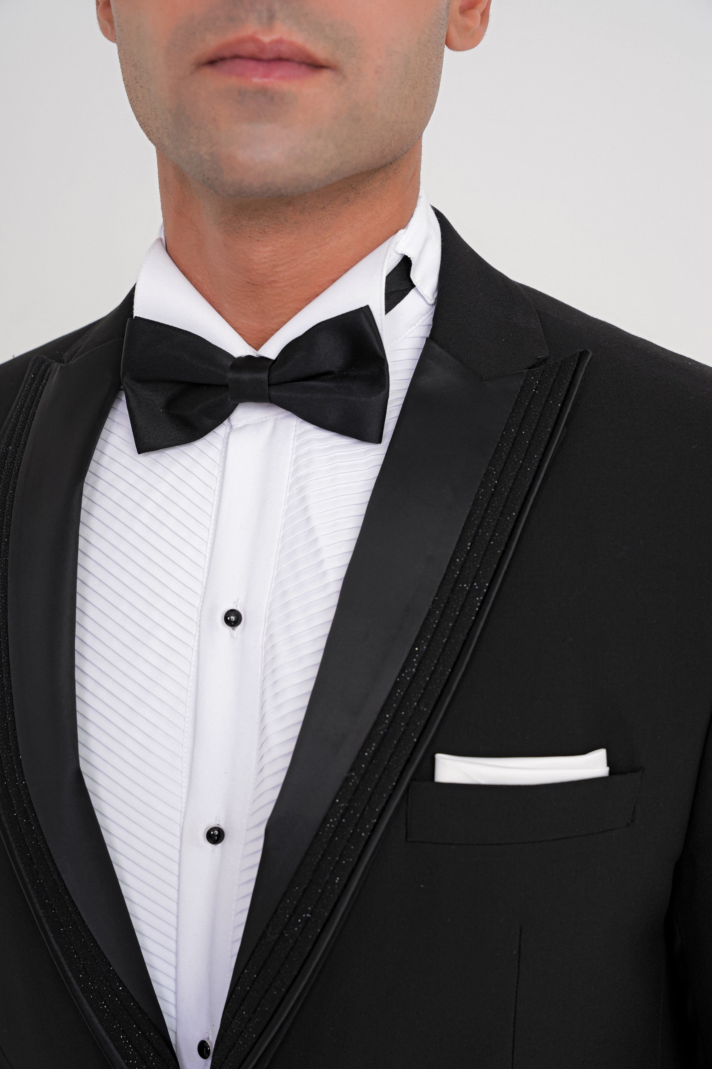 Slim Fit Tek Düğme Fleto Cep Çıkarılabilir Saten Yaka Siyah Damatlık Smokin Takım Black 084