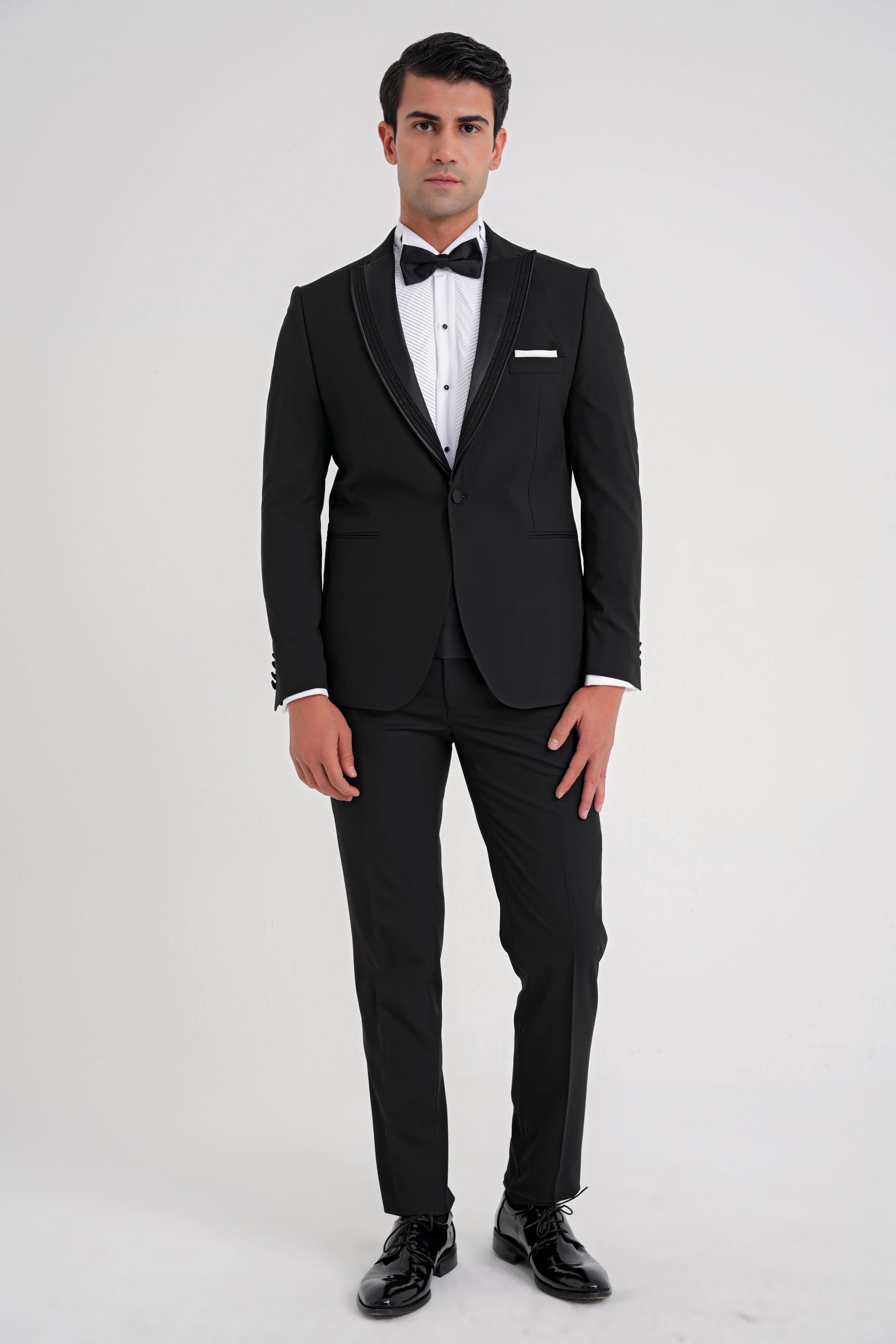 Slim Fit Tek Düğme Fleto Cep Çıkarılabilir Saten Yaka Siyah Damatlık Smokin Takım Black 084