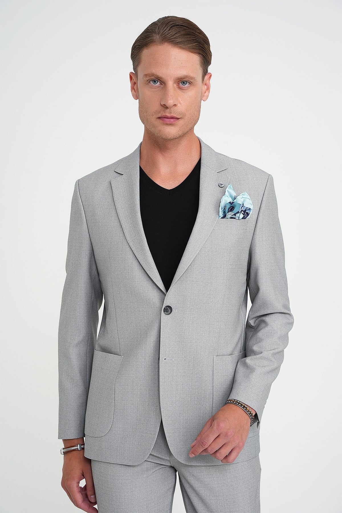 Slim Fit Torba Cep Esnek Pamuk Düz Gri Blazer Ceket C 712