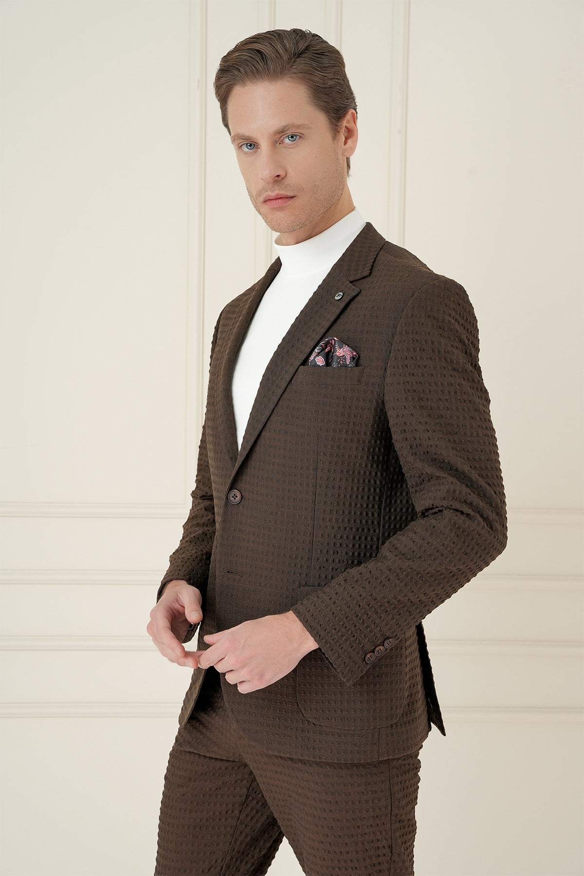 Slim Fit Torba Cep Esnek Pamuklu Gofre Kumaş Kakao Ceket C 695