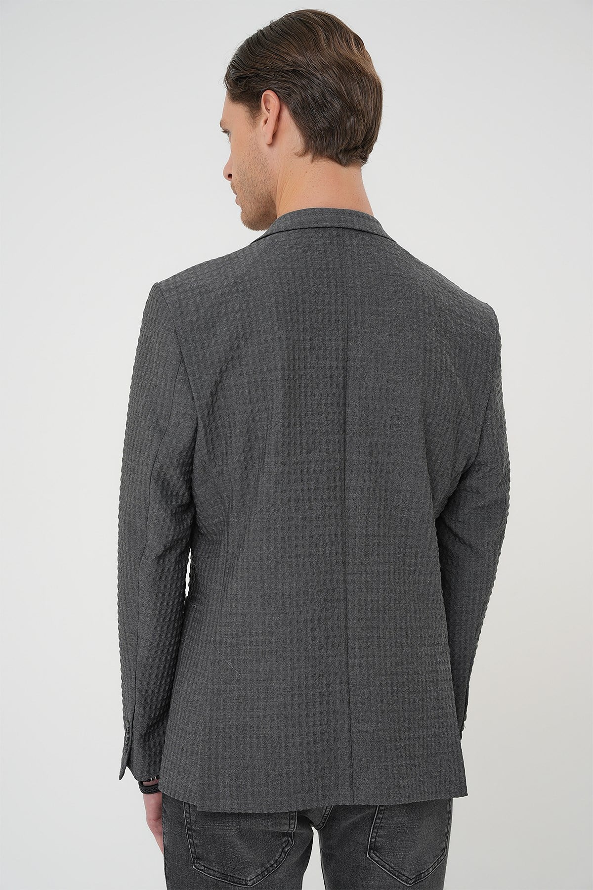 Slim Fit Torba Cep Esnek Pamuklu Gofre Kumaş Antrasit Ceket C 695