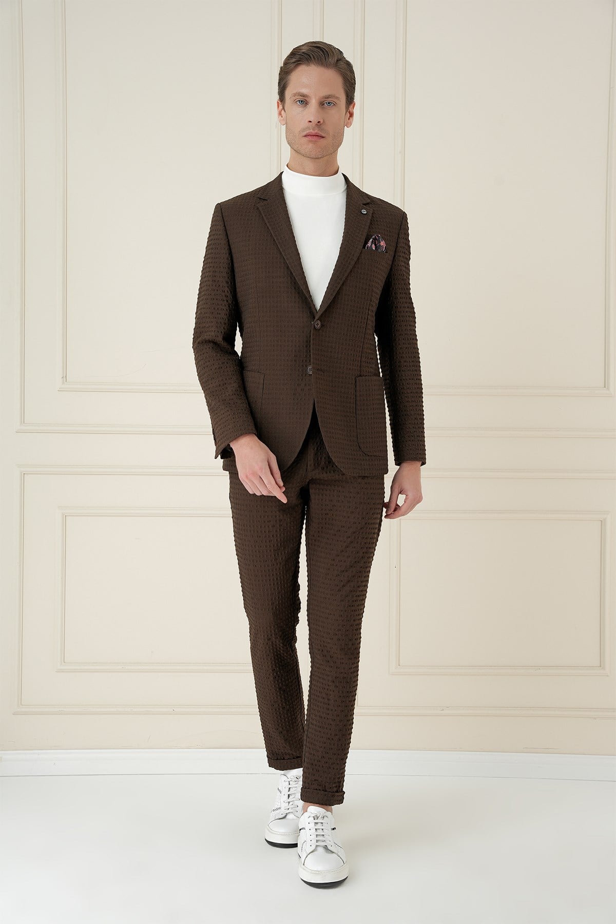 Slim Fit Torba Cep Esnek Pamuklu Gofre Kumaş Kakao Ceket C 695