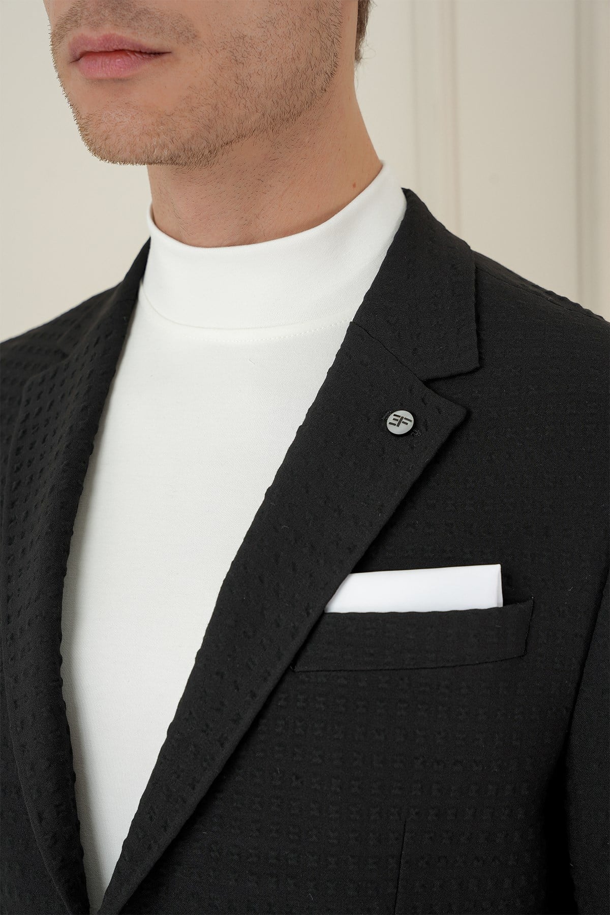 Slim Fit Torba Cep Esnek Pamuklu Gofre Kumaş Siyah Ceket C 695