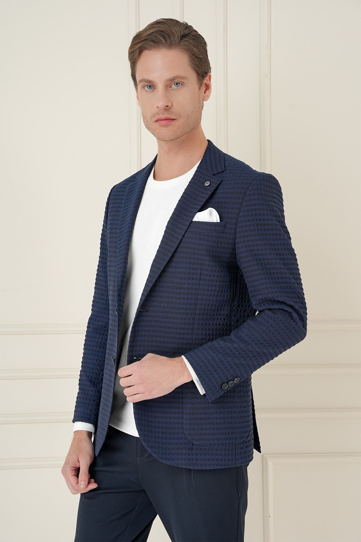 Slim Fit Torba Cep Esnek Pamuklu Gofre Kumaş Lacivert Ceket C 695