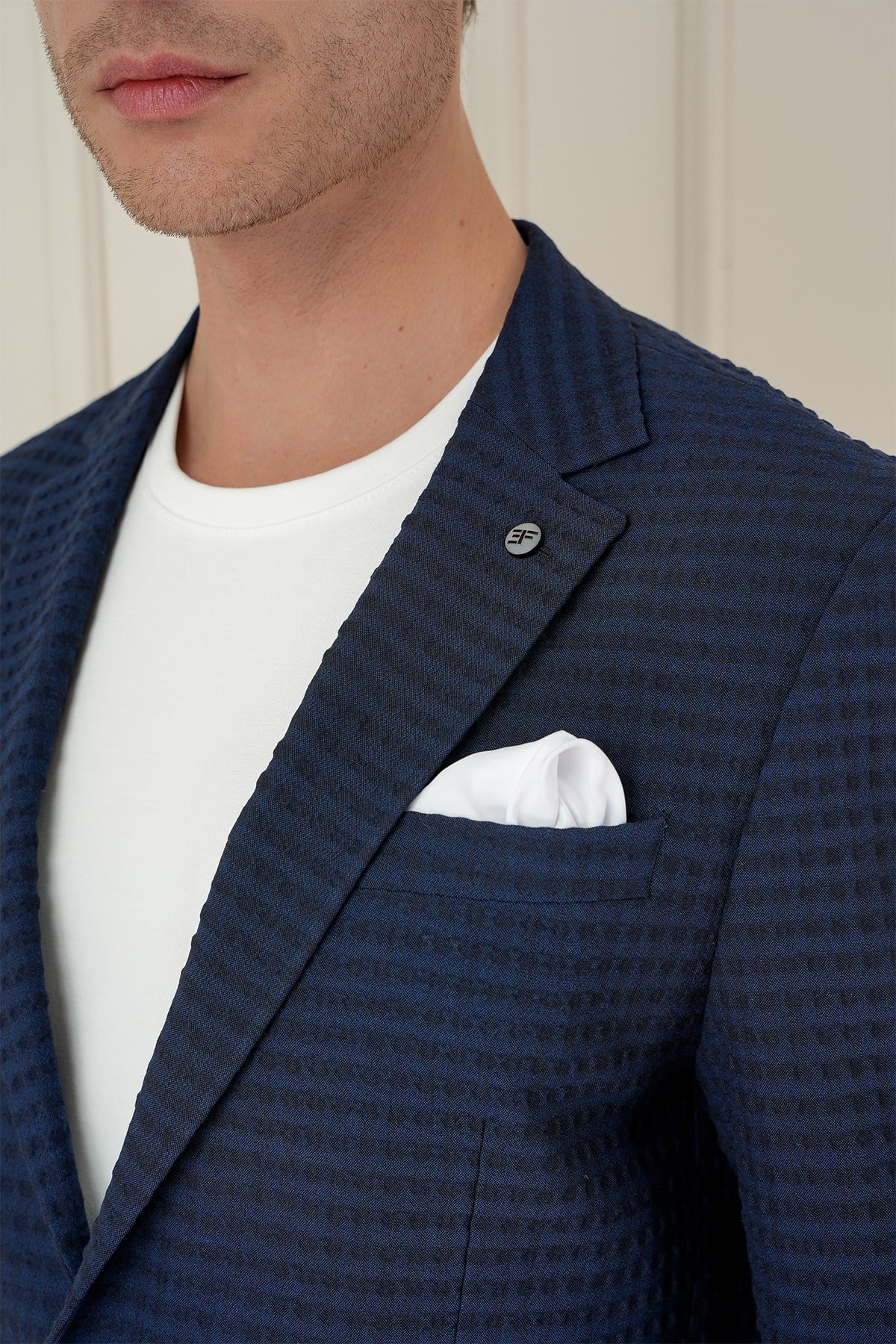 Slim Fit Torba Cep Esnek Pamuklu Gofre Kumaş Lacivert Ceket C 695