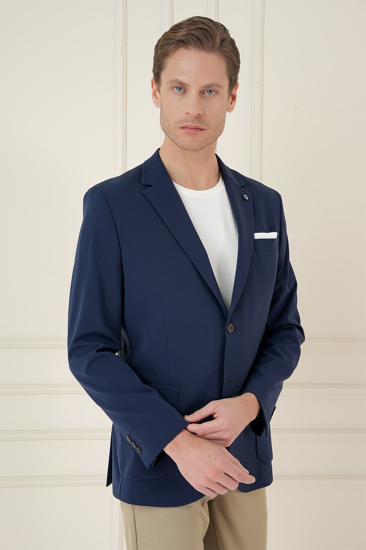 Slim Fit Torba Cep Esnek Spandex Karışımlı Düz Lacivert Blazer Ceket C 696