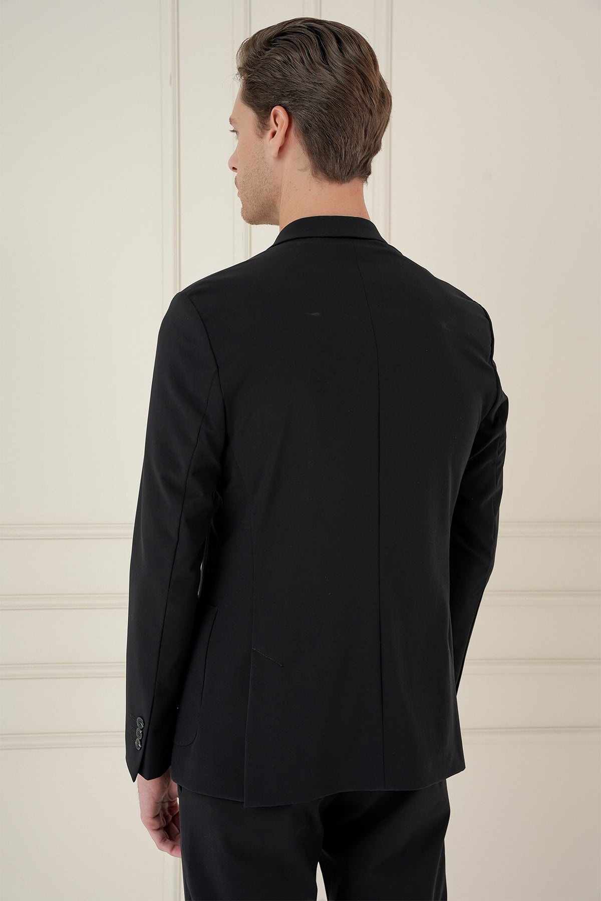 Slim Fit Torba Cep Esnek Spandex Karışımlı Düz Siyah Blazer Ceket C 696