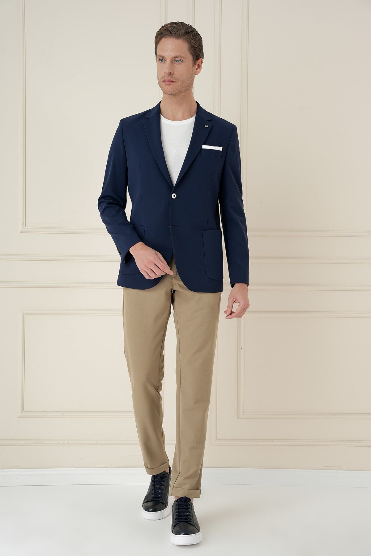 Slim Fit Torba Cep Esnek Spandex Karışımlı Düz Lacivert Blazer Ceket C 696
