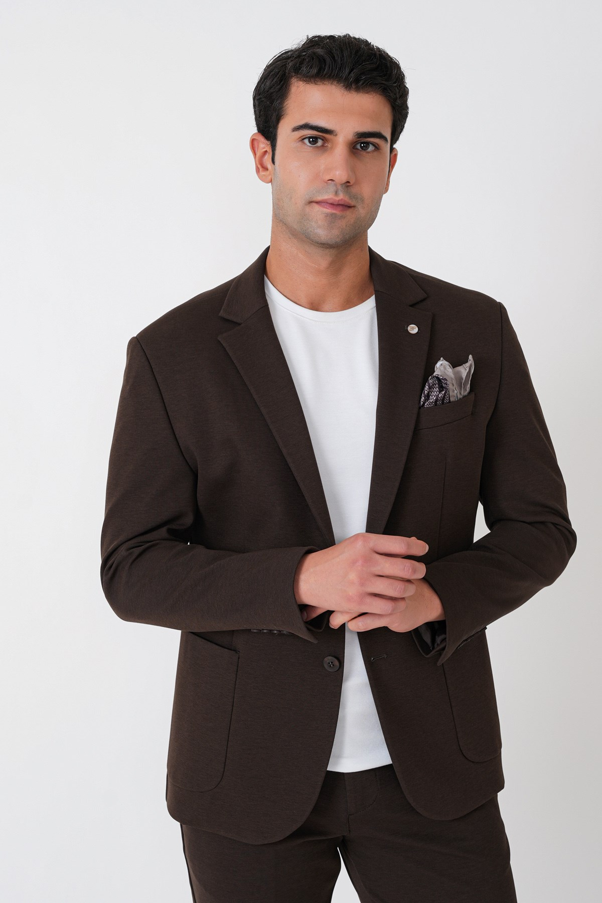Slim Fit Torba Cep Esnek Tencel Kumaş Kahverengi Ceket C 751