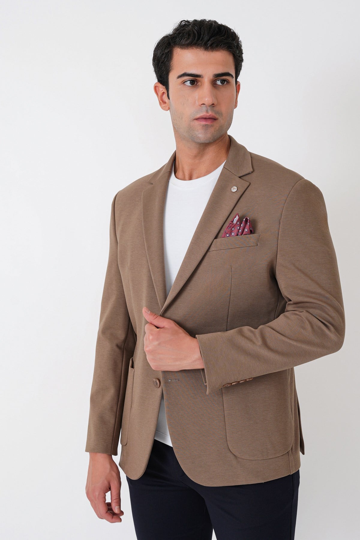 Slim Fit Torba Cep Esnek Tencel Kumaş Bej Ceket C 751