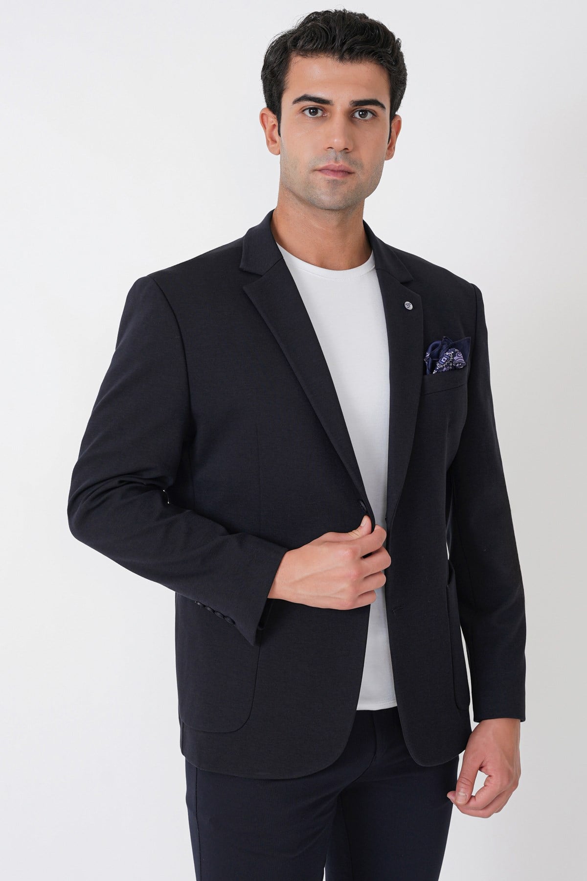 Slim Fit Torba Cep Esnek Tencel Kumaş Lacivert Ceket C 751