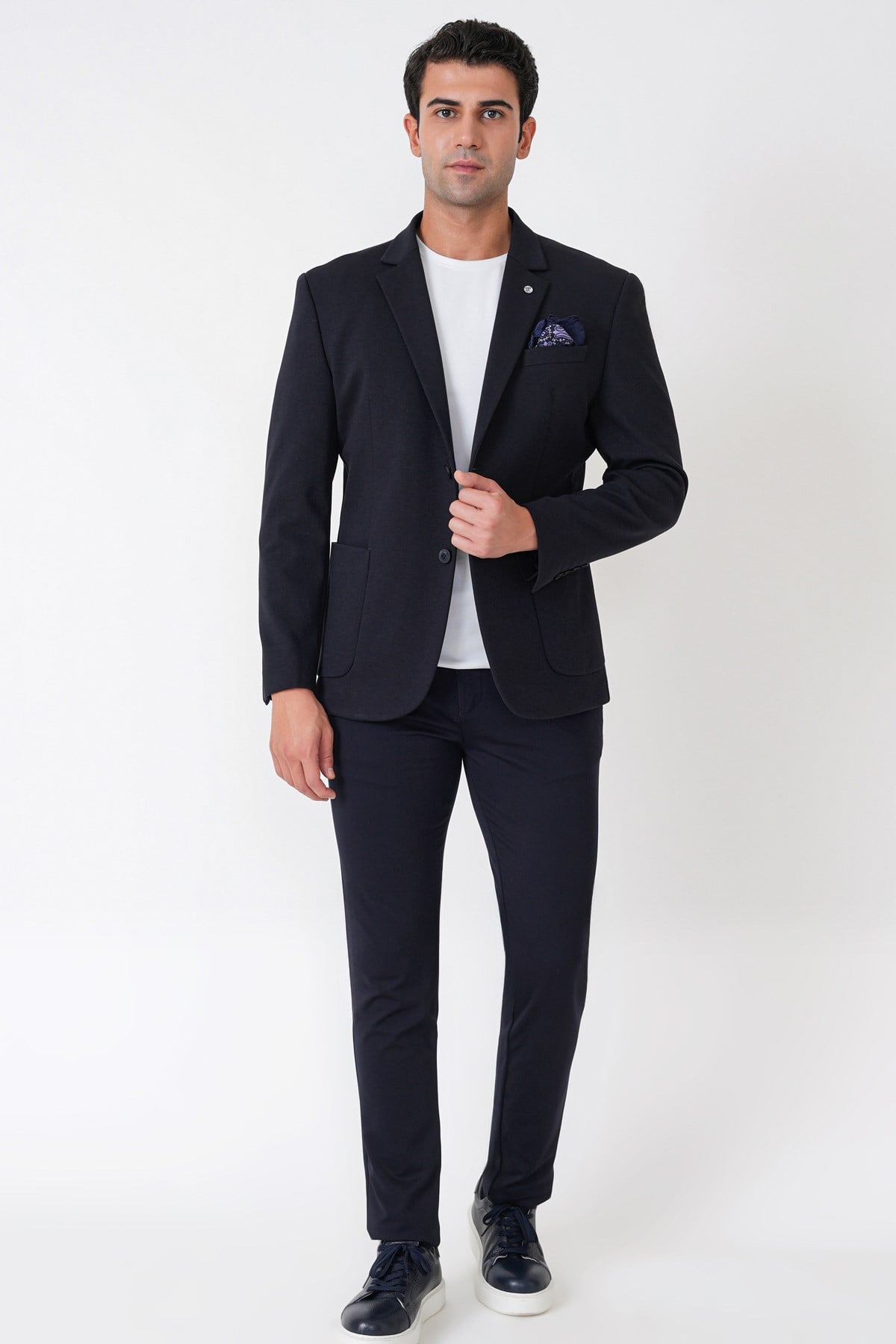 Slim Fit Torba Cep Esnek Tencel Kumaş Lacivert Ceket C 751