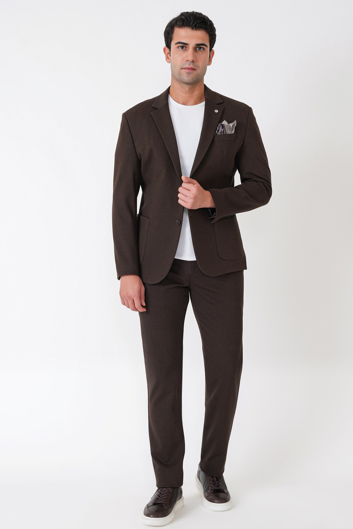 Slim Fit Torba Cep Esnek Tencel Kumaş Kahverengi Ceket C 751