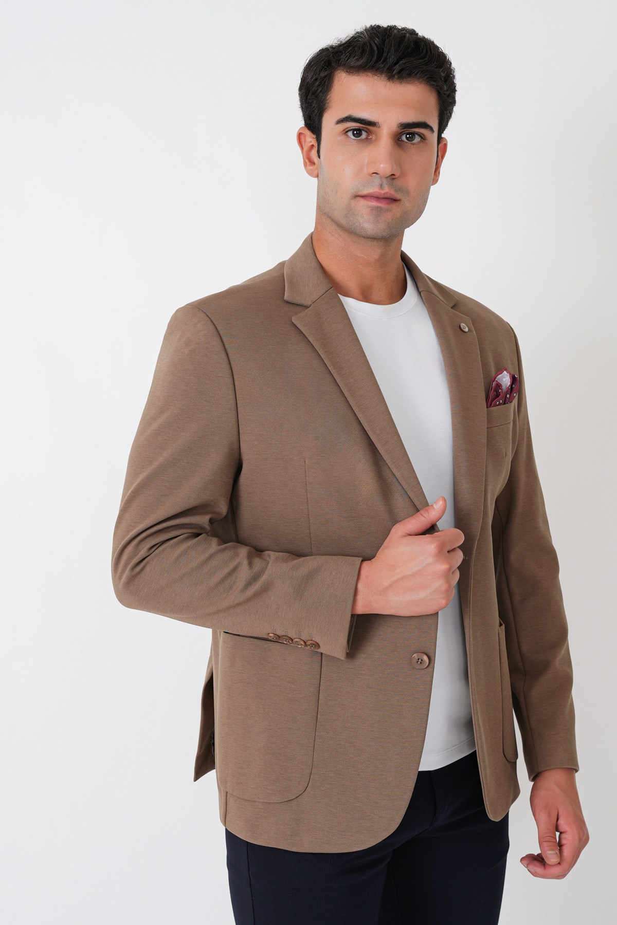 Slim Fit Torba Cep Esnek Tencel Kumaş Bej Ceket C 751